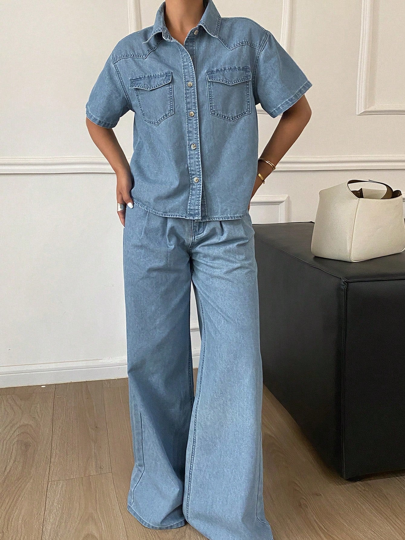 CM-SS389358 Women Casual Seoul Style Light Wash Short Sleeve Denim Blouse With Long Pants - Set
