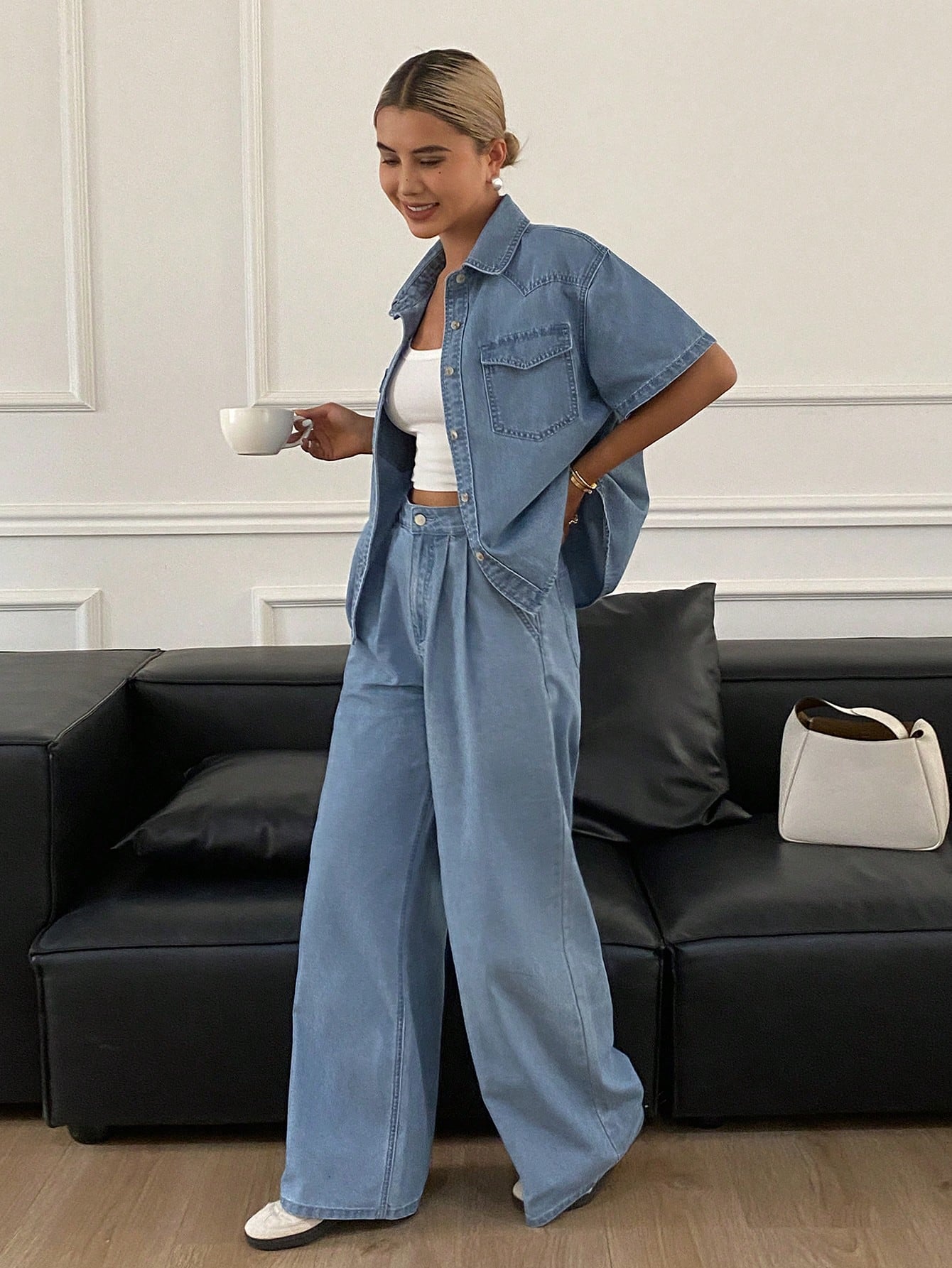 CM-SS389358 Women Casual Seoul Style Light Wash Short Sleeve Denim Blouse With Long Pants - Set