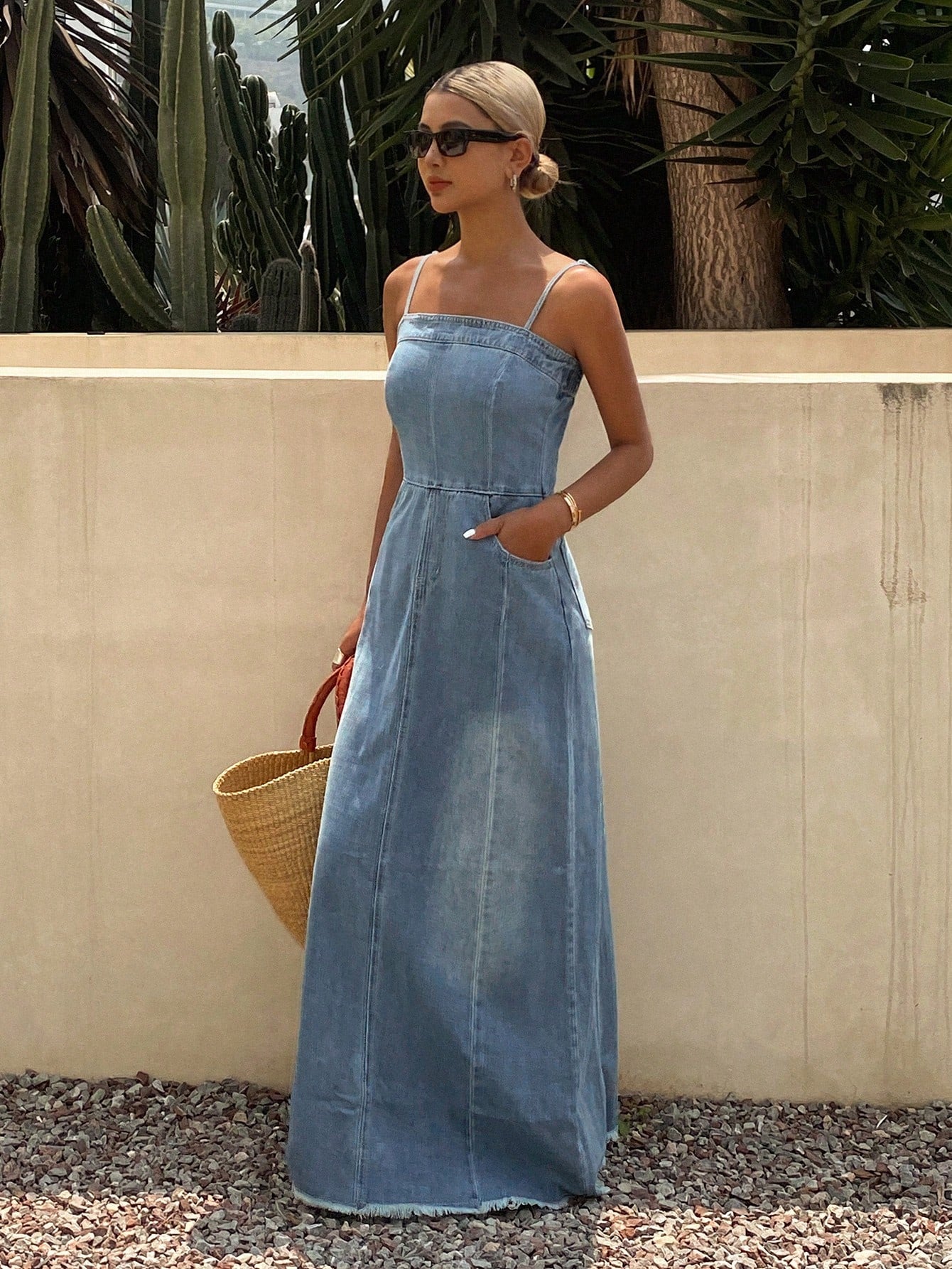 CM-DS516104 Women Casual Seoul Style Light Wash Sleevless Distressed Denim Long Slip Dress