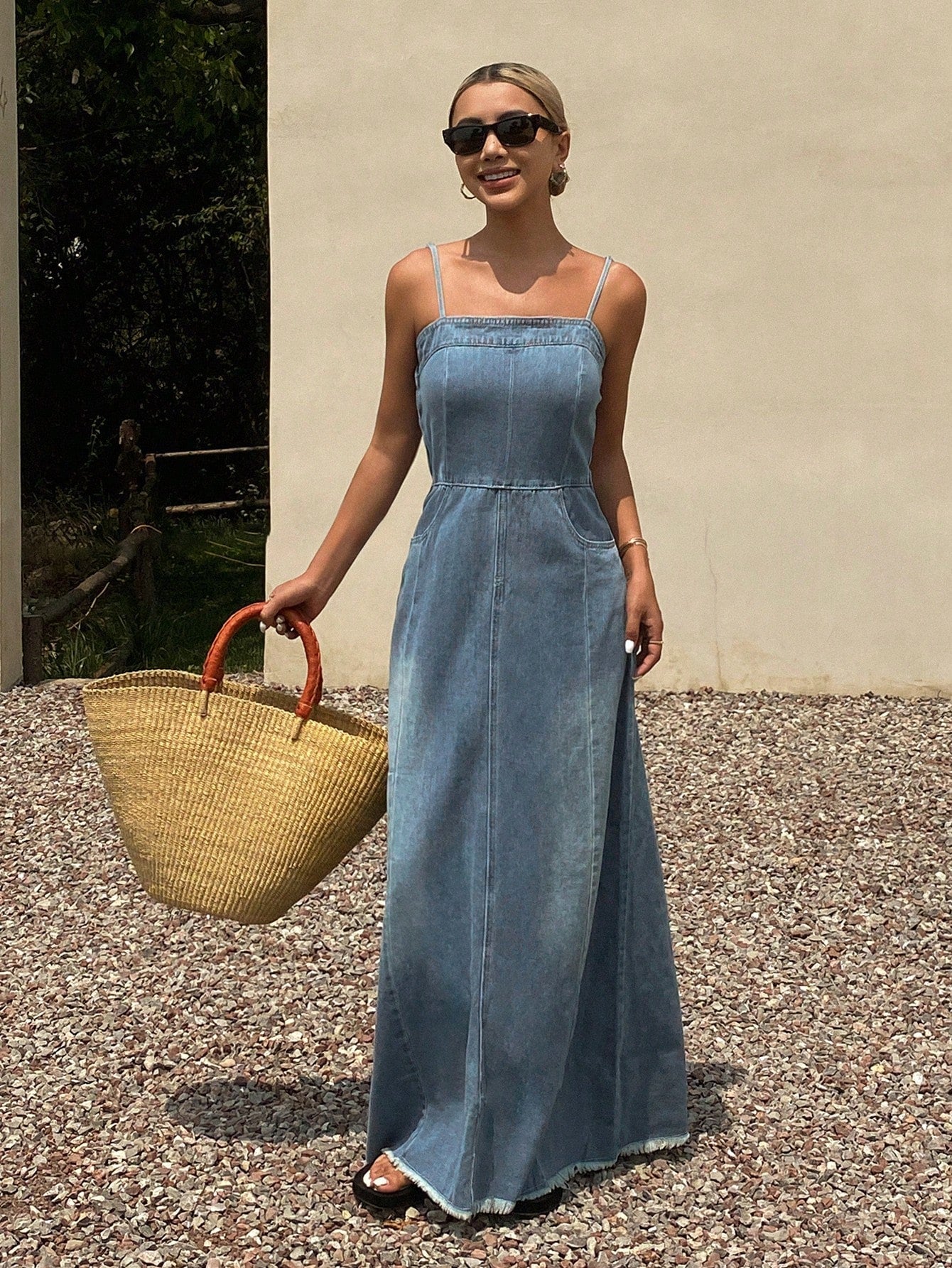 CM-DS516104 Women Casual Seoul Style Light Wash Sleevless Distressed Denim Long Slip Dress