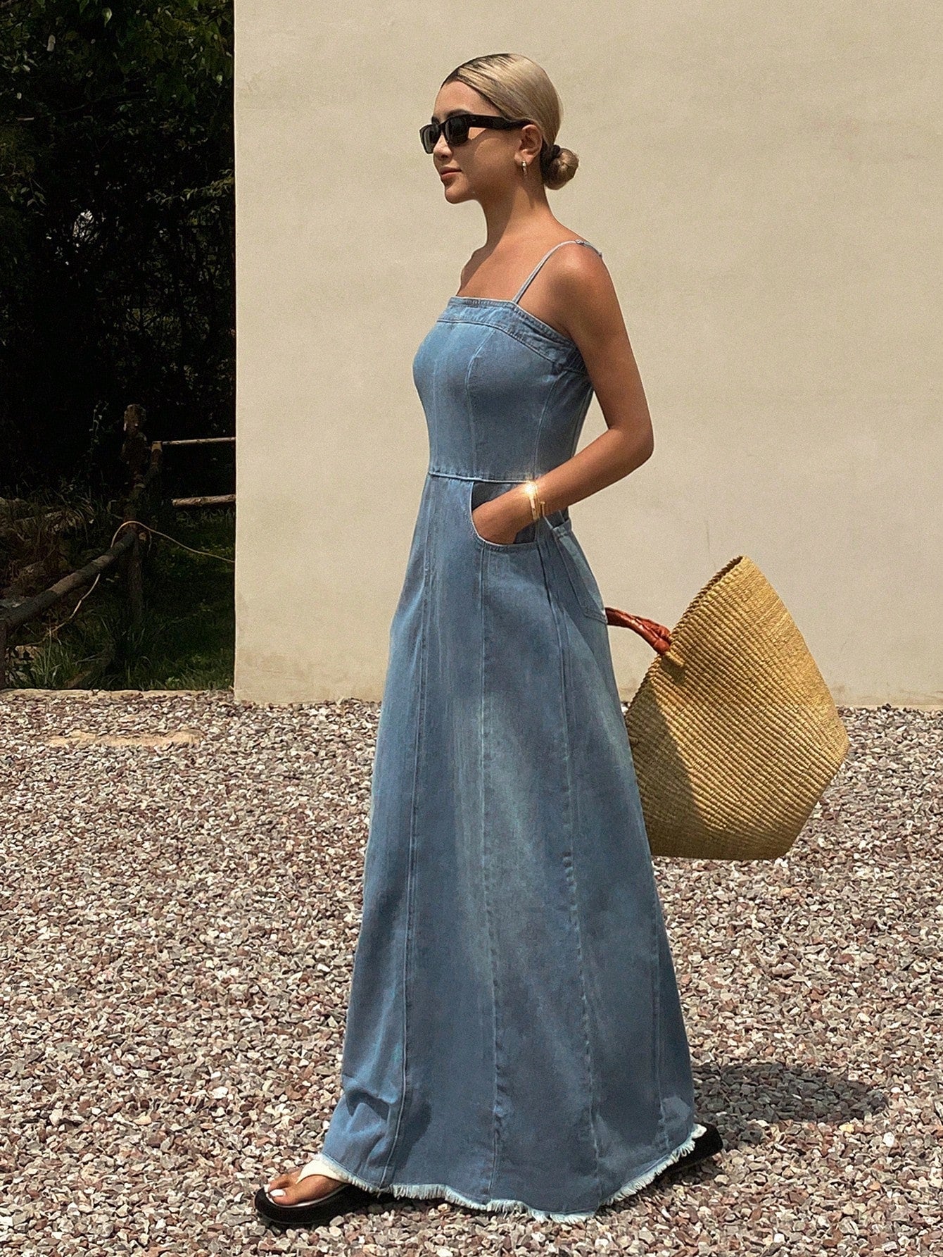 CM-DS516104 Women Casual Seoul Style Light Wash Sleevless Distressed Denim Long Slip Dress