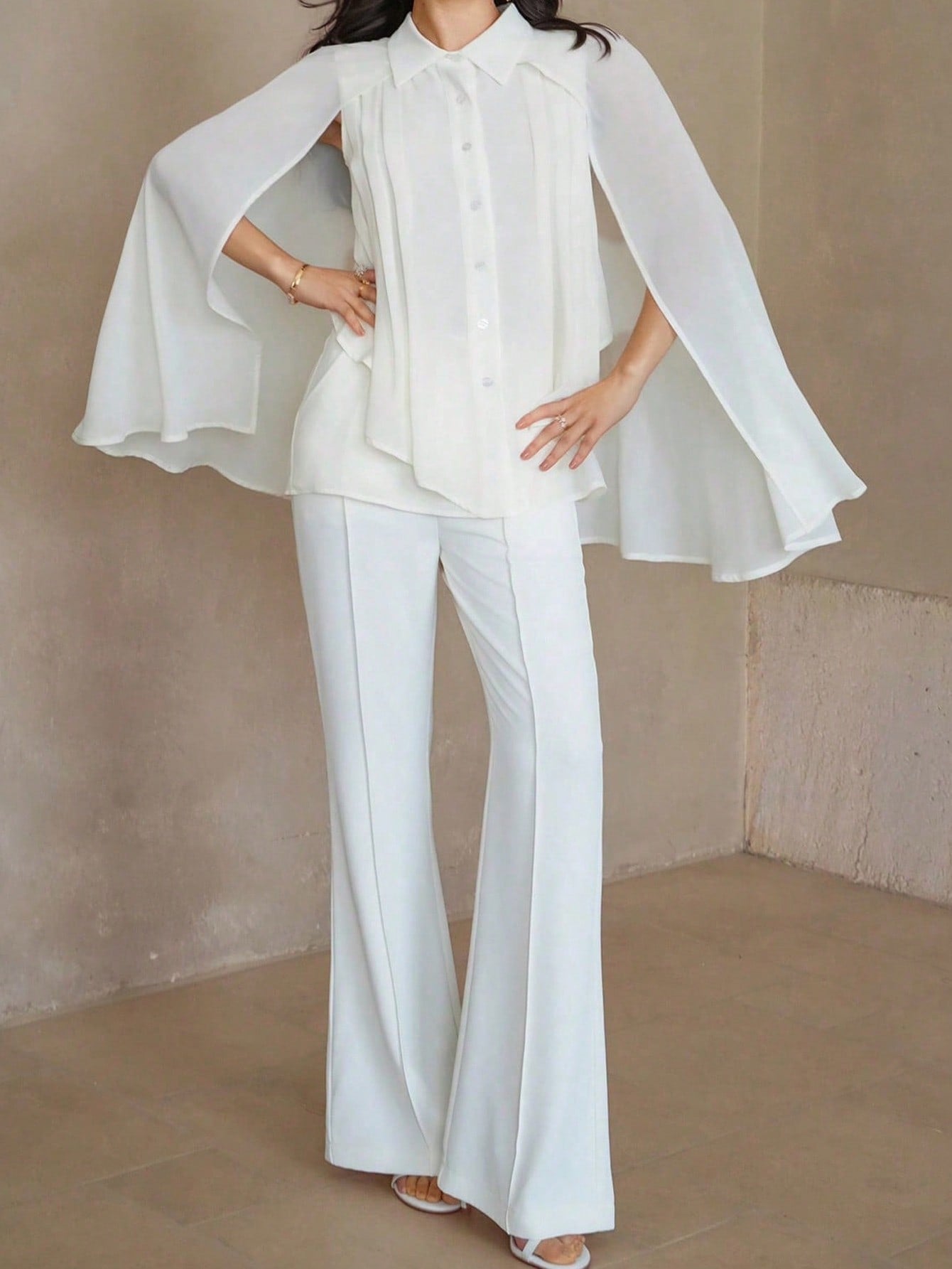 CM-SS801017 Women Elegant Seoul Style Solid Color Single Breasted Cape Shirt With Long Pants - Set