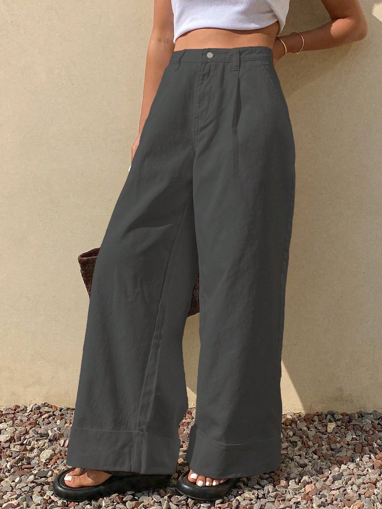 CM-BS892538 Women Casual Seoul Style Loose Mid Waist Solid Color Denim Jeans - Dark Gray