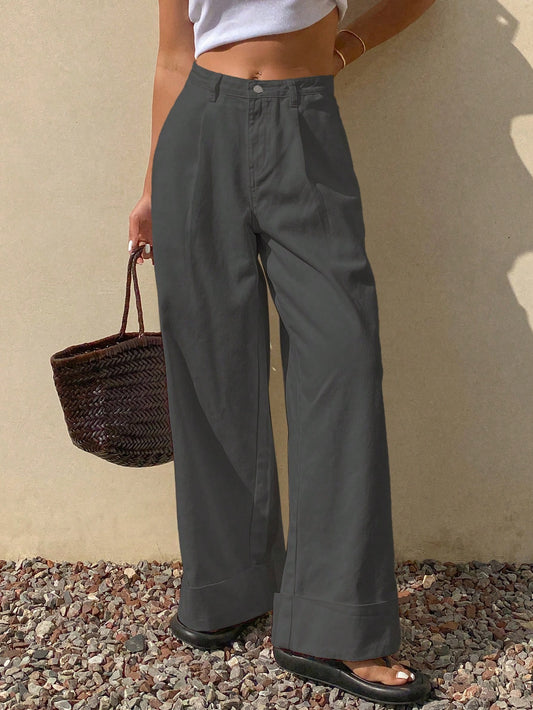 CM-BS892538 Women Casual Seoul Style Loose Mid Waist Solid Color Denim Jeans - Dark Gray