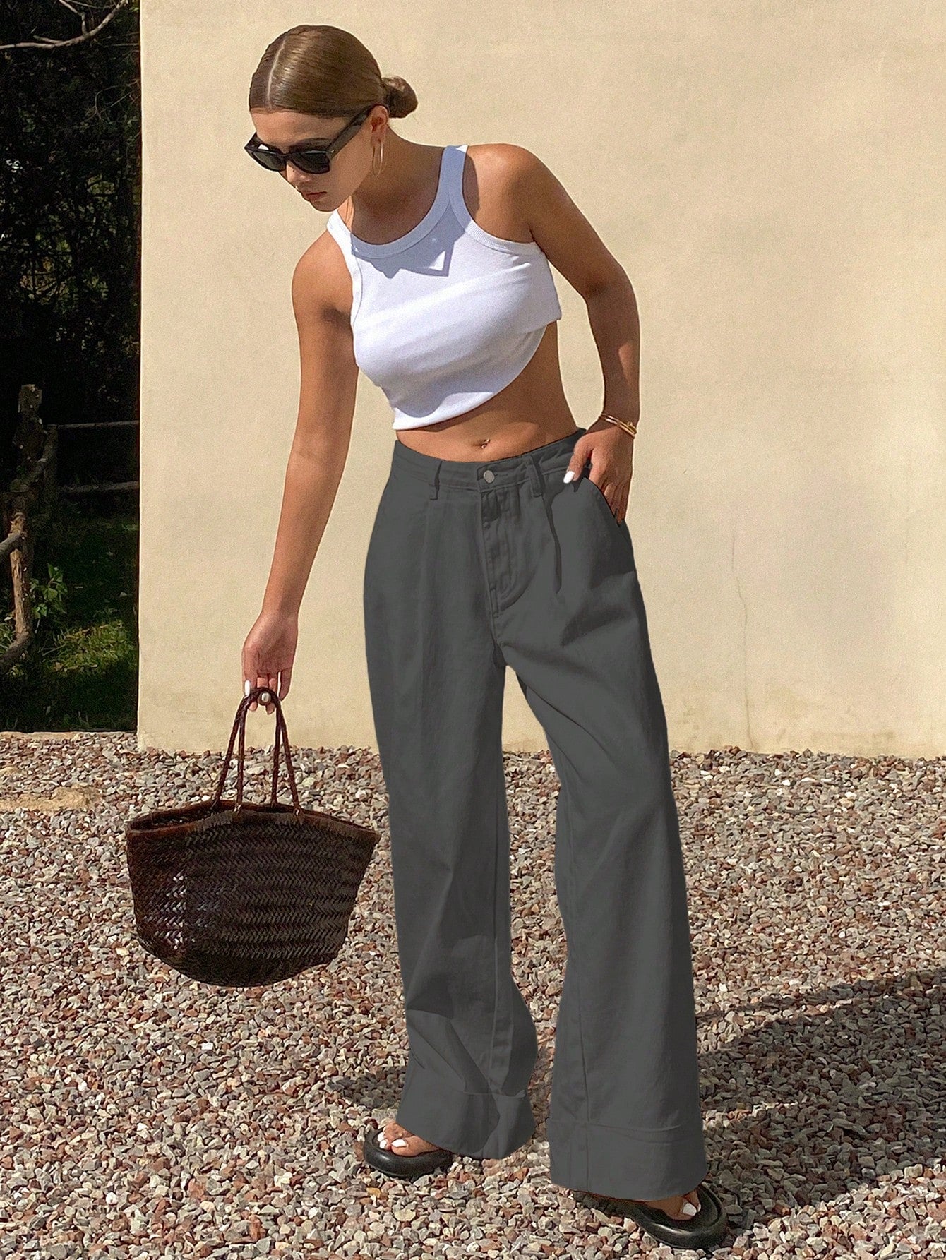 CM-BS892538 Women Casual Seoul Style Loose Mid Waist Solid Color Denim Jeans - Dark Gray