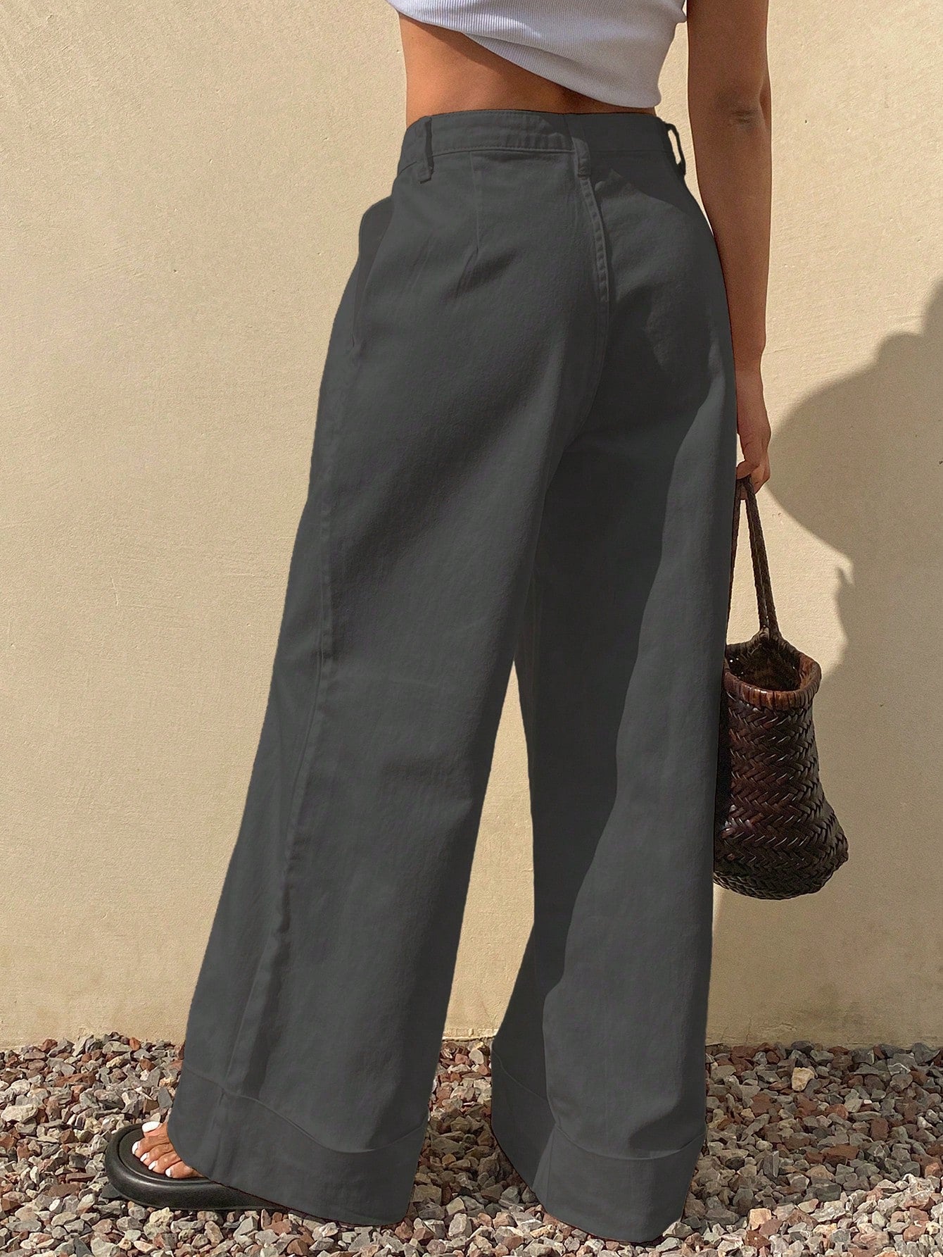 CM-BS892538 Women Casual Seoul Style Loose Mid Waist Solid Color Denim Jeans - Dark Gray