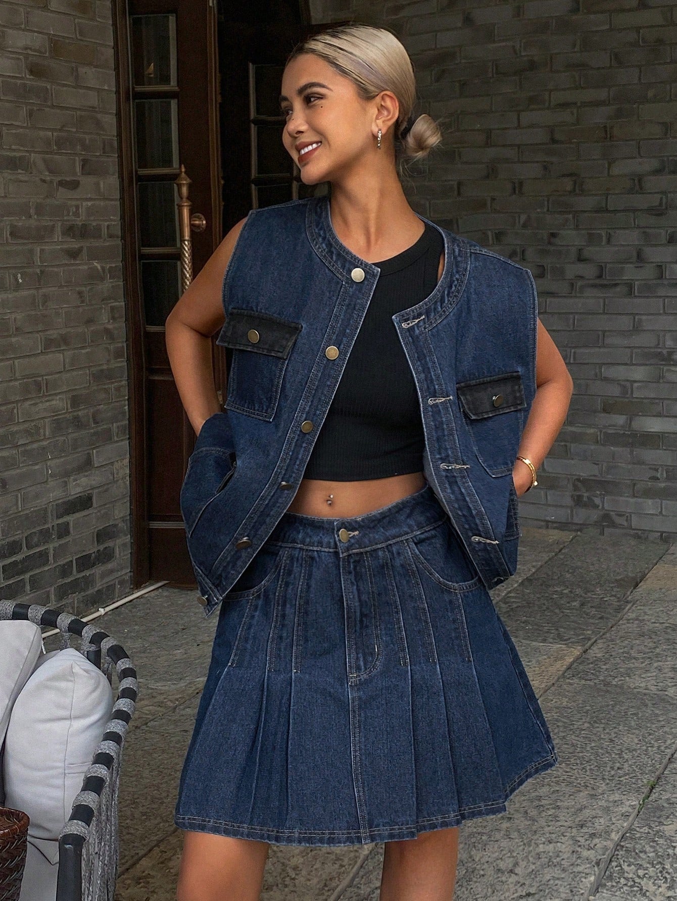 CM-SS452235 Women Casual Seoul Style Loose Sleeveless Denim Jacket With Mini Skirt - Set