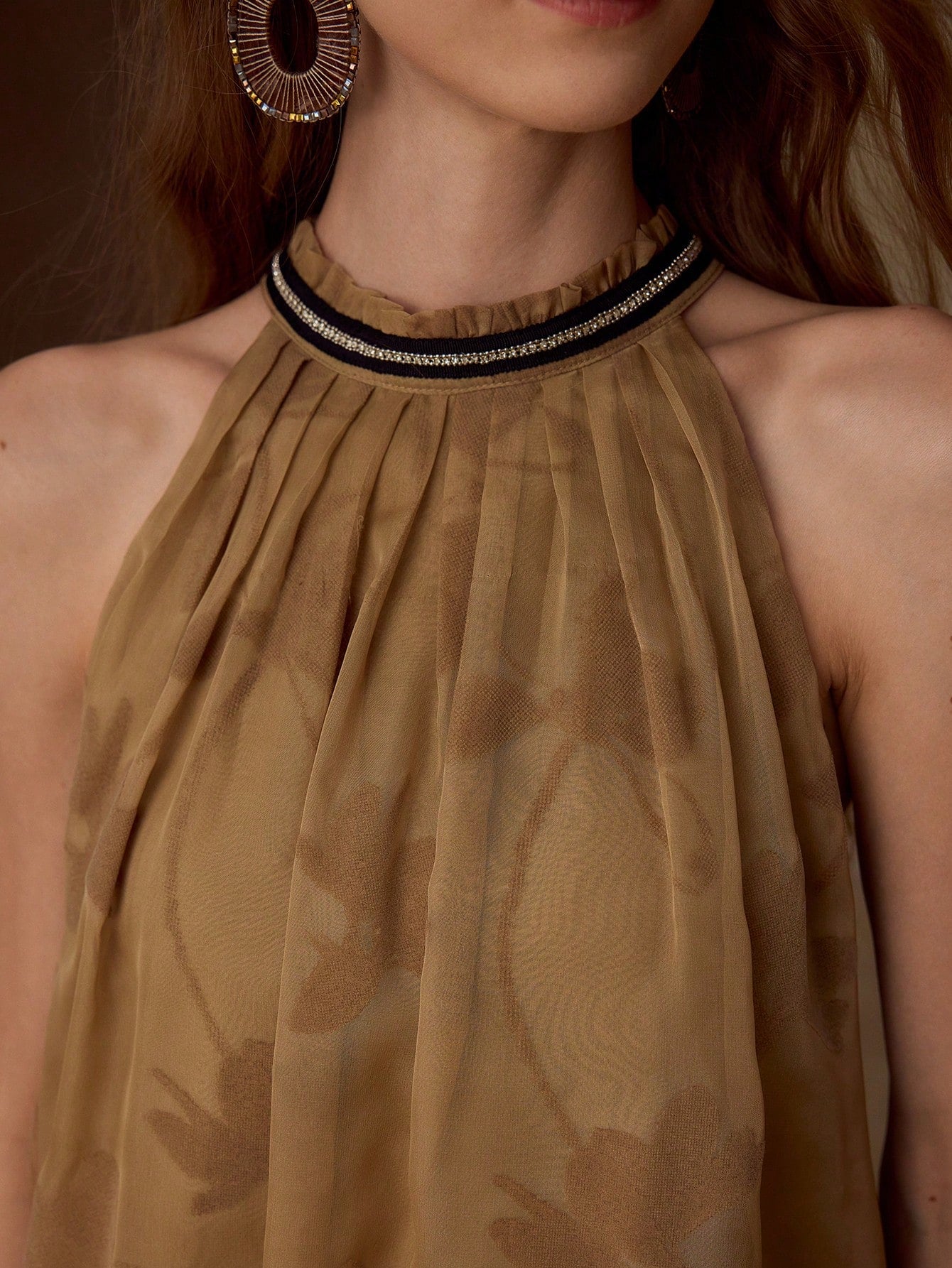 CM-TS866906 Women Elegant Seoul Style Chiffon Fold Pleated Halter Neckline Sleeveless Top - Brown