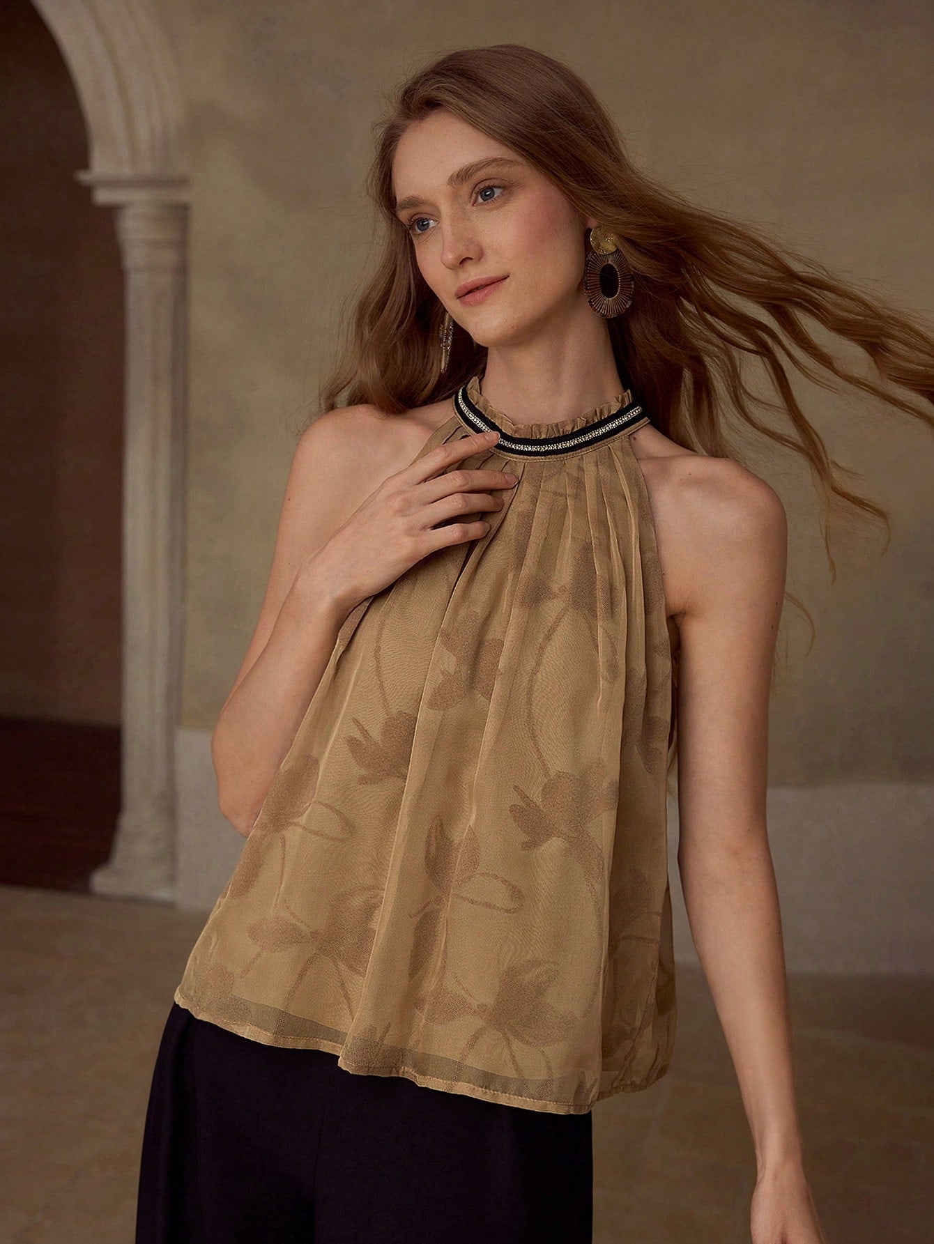 CM-TS866906 Women Elegant Seoul Style Chiffon Fold Pleated Halter Neckline Sleeveless Top - Brown
