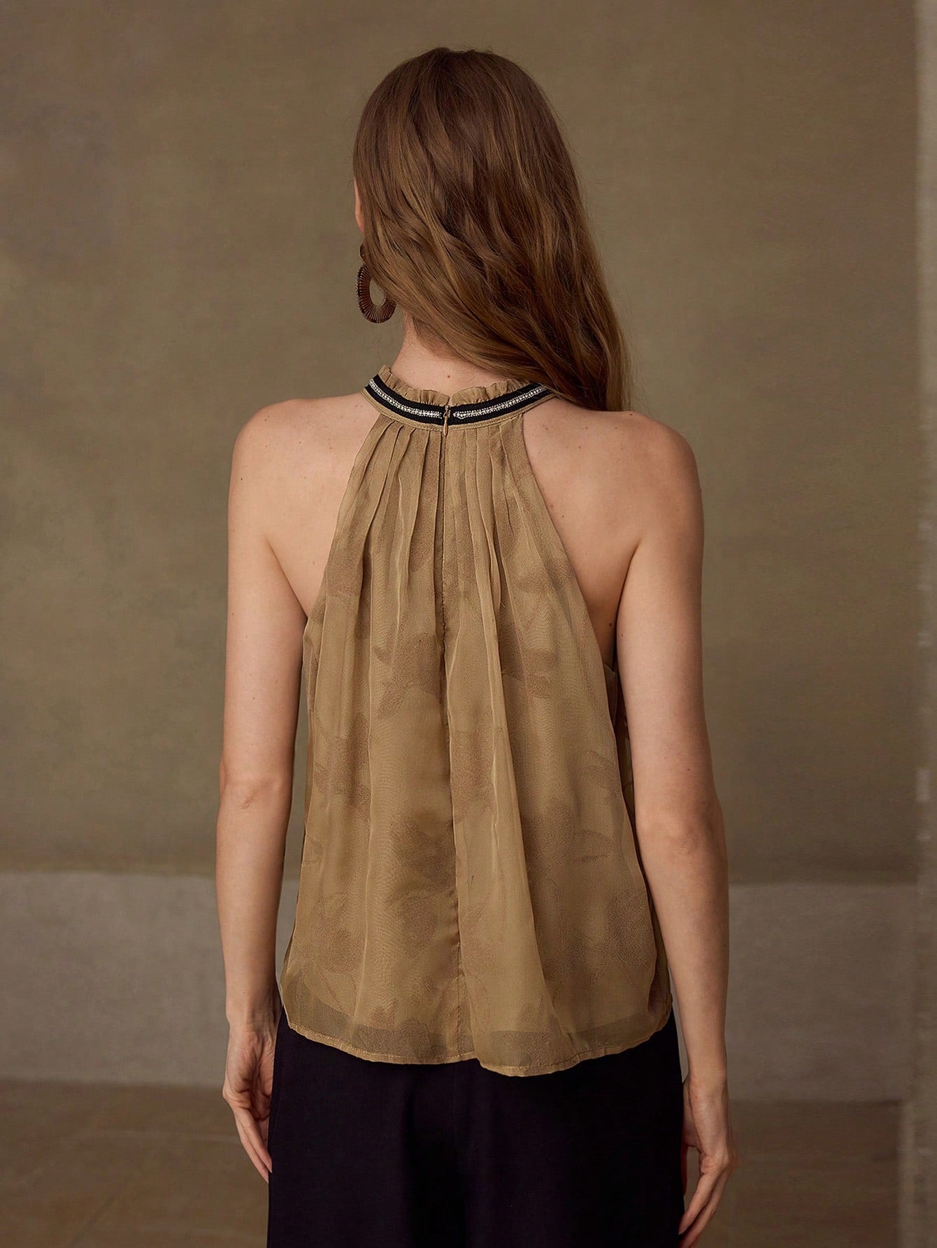 CM-TS866906 Women Elegant Seoul Style Chiffon Fold Pleated Halter Neckline Sleeveless Top - Brown