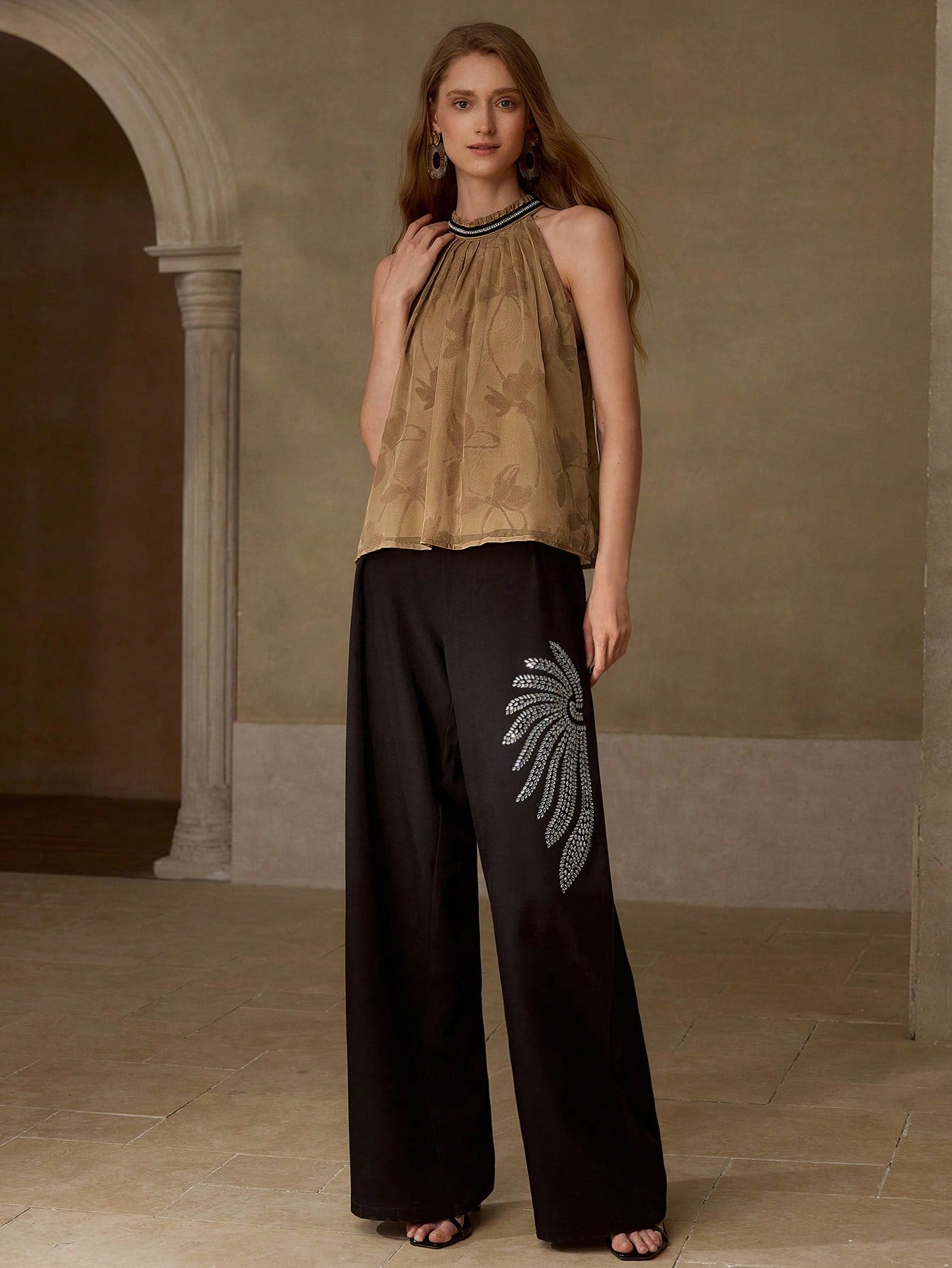 CM-TS866906 Women Elegant Seoul Style Chiffon Fold Pleated Halter Neckline Sleeveless Top - Brown