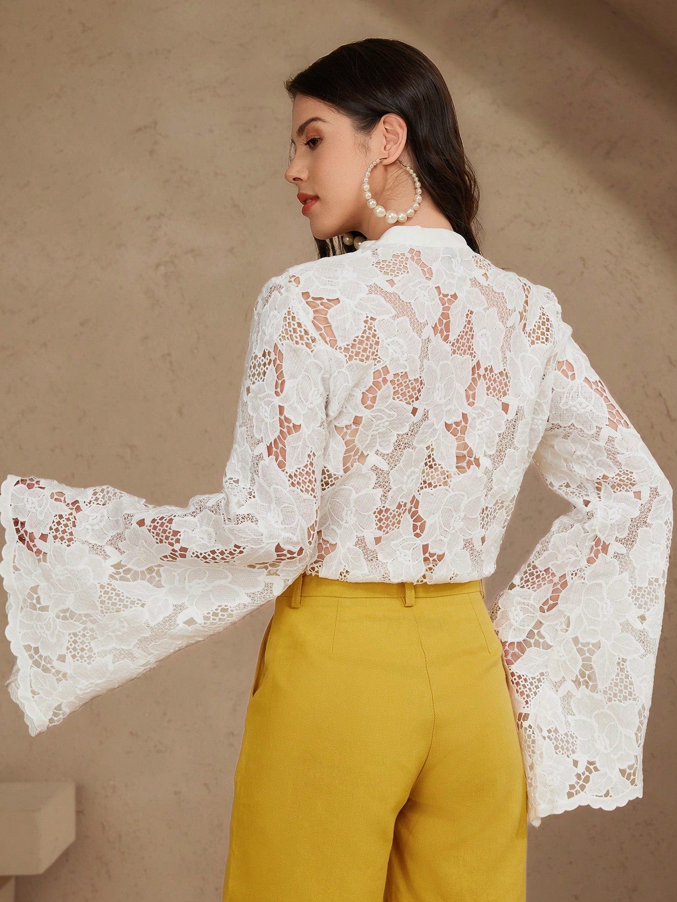 CM-TS808990 Women Elegant Seoul Style Lace Collar Flare Sleeve Solid Sheer Button Front Blouse