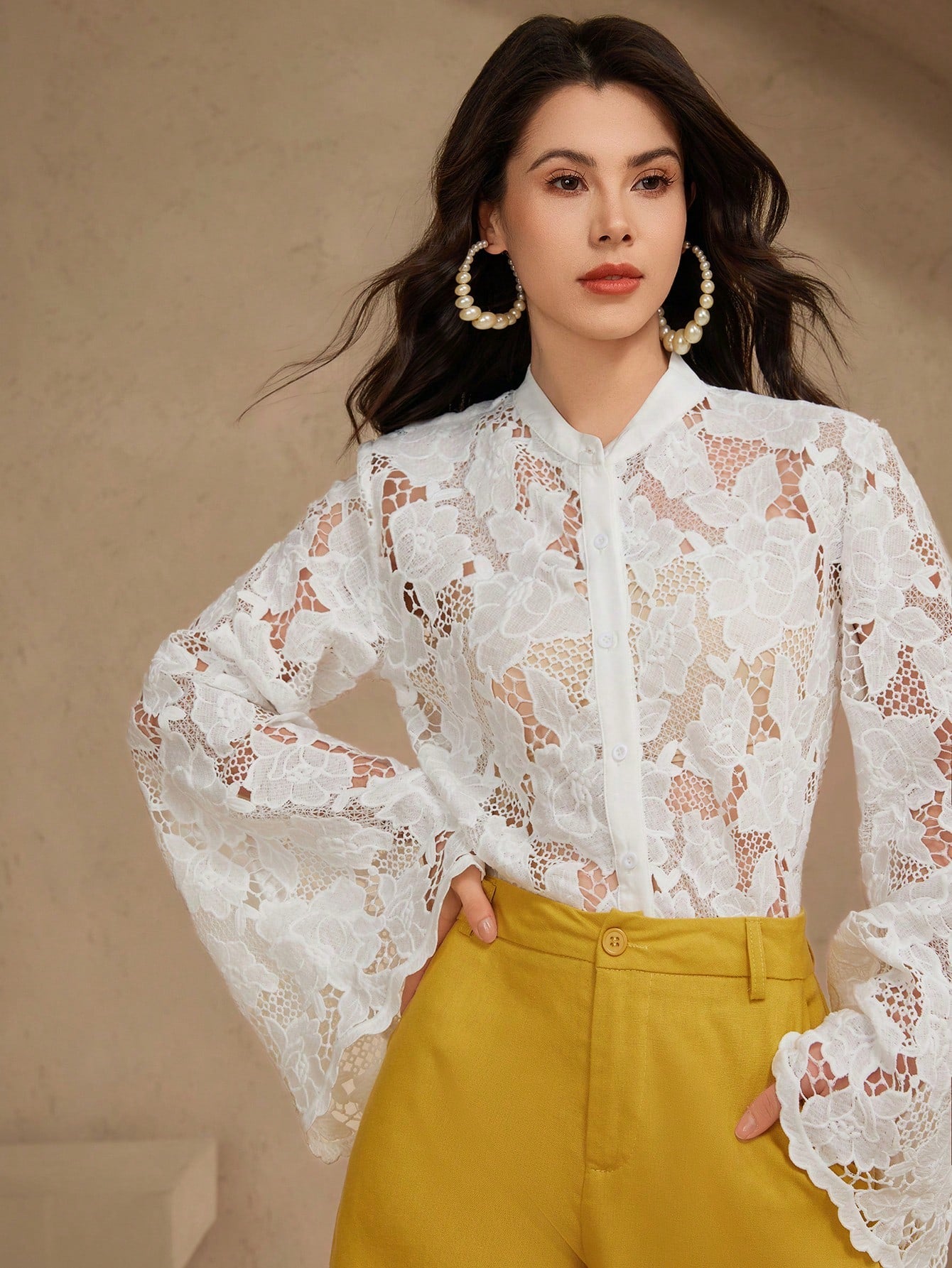 CM-TS808990 Women Elegant Seoul Style Lace Collar Flare Sleeve Solid Sheer Button Front Blouse