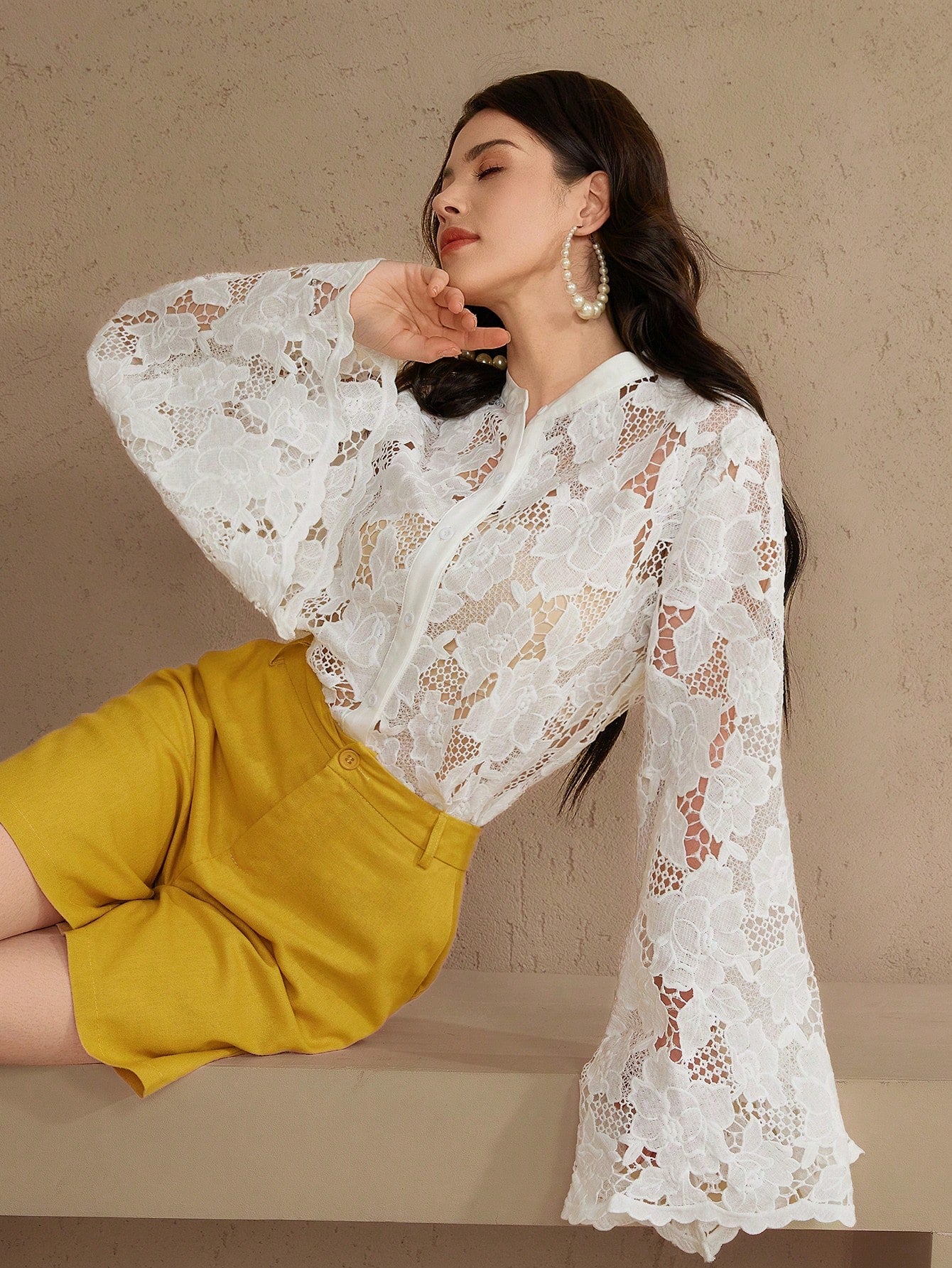 CM-TS808990 Women Elegant Seoul Style Lace Collar Flare Sleeve Solid Sheer Button Front Blouse