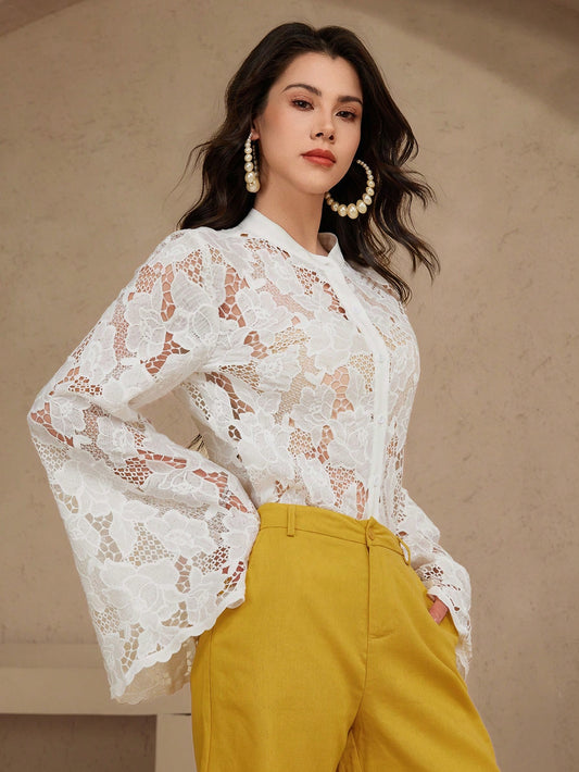 CM-TS808990 Women Elegant Seoul Style Lace Collar Flare Sleeve Solid Sheer Button Front Blouse
