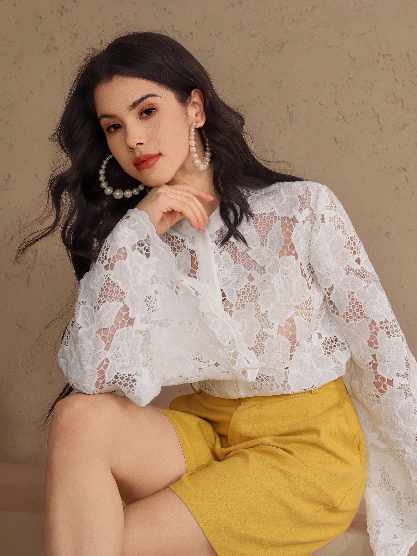 CM-TS808990 Women Elegant Seoul Style Lace Collar Flare Sleeve Solid Sheer Button Front Blouse