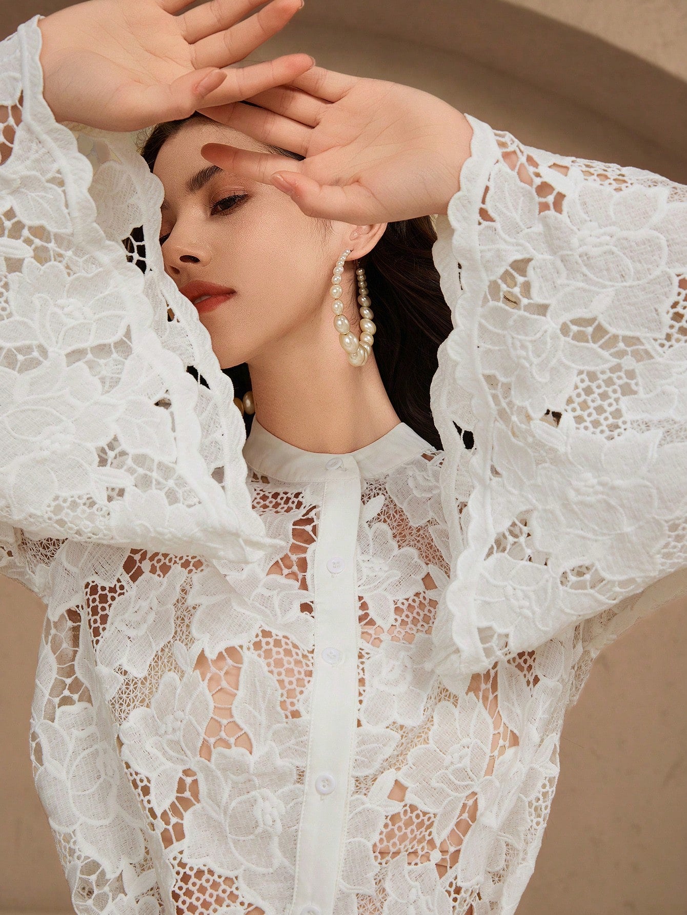 CM-TS808990 Women Elegant Seoul Style Lace Collar Flare Sleeve Solid Sheer Button Front Blouse