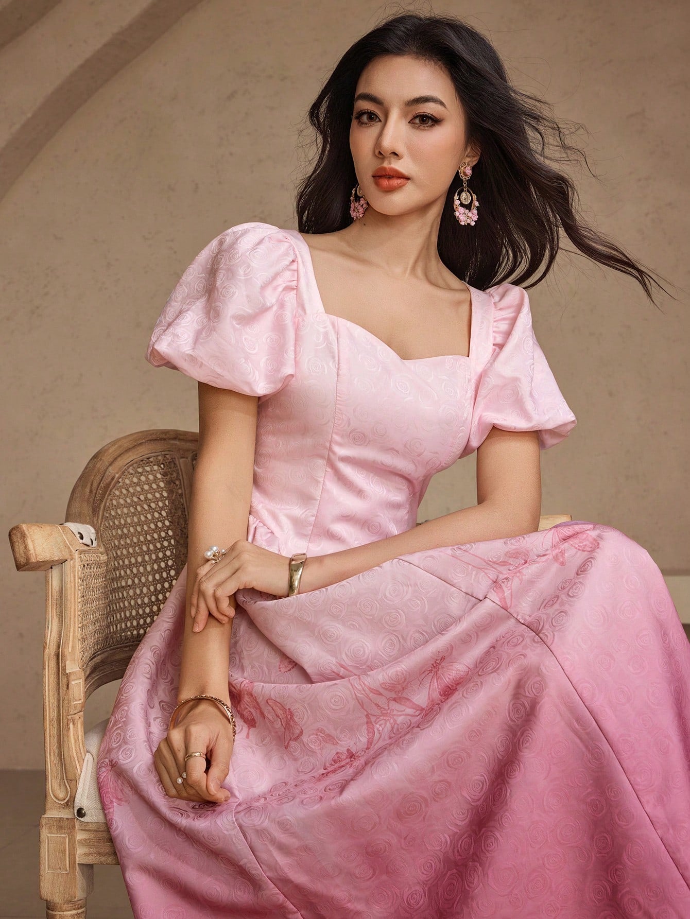 CM-DS947208 Women Elegant Seoul Style Sweetheart Neckline Puff Sleeve Textured Ombre Waist Dress - Pink