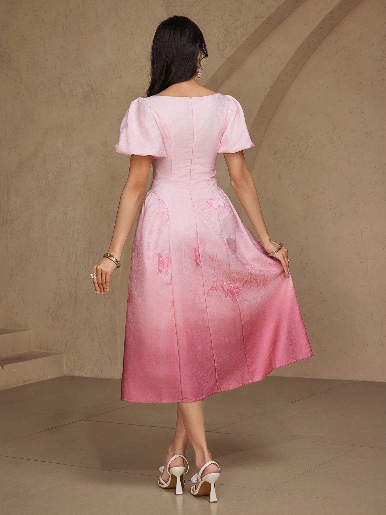CM-DS947208 Women Elegant Seoul Style Sweetheart Neckline Puff Sleeve Textured Ombre Waist Dress - Pink