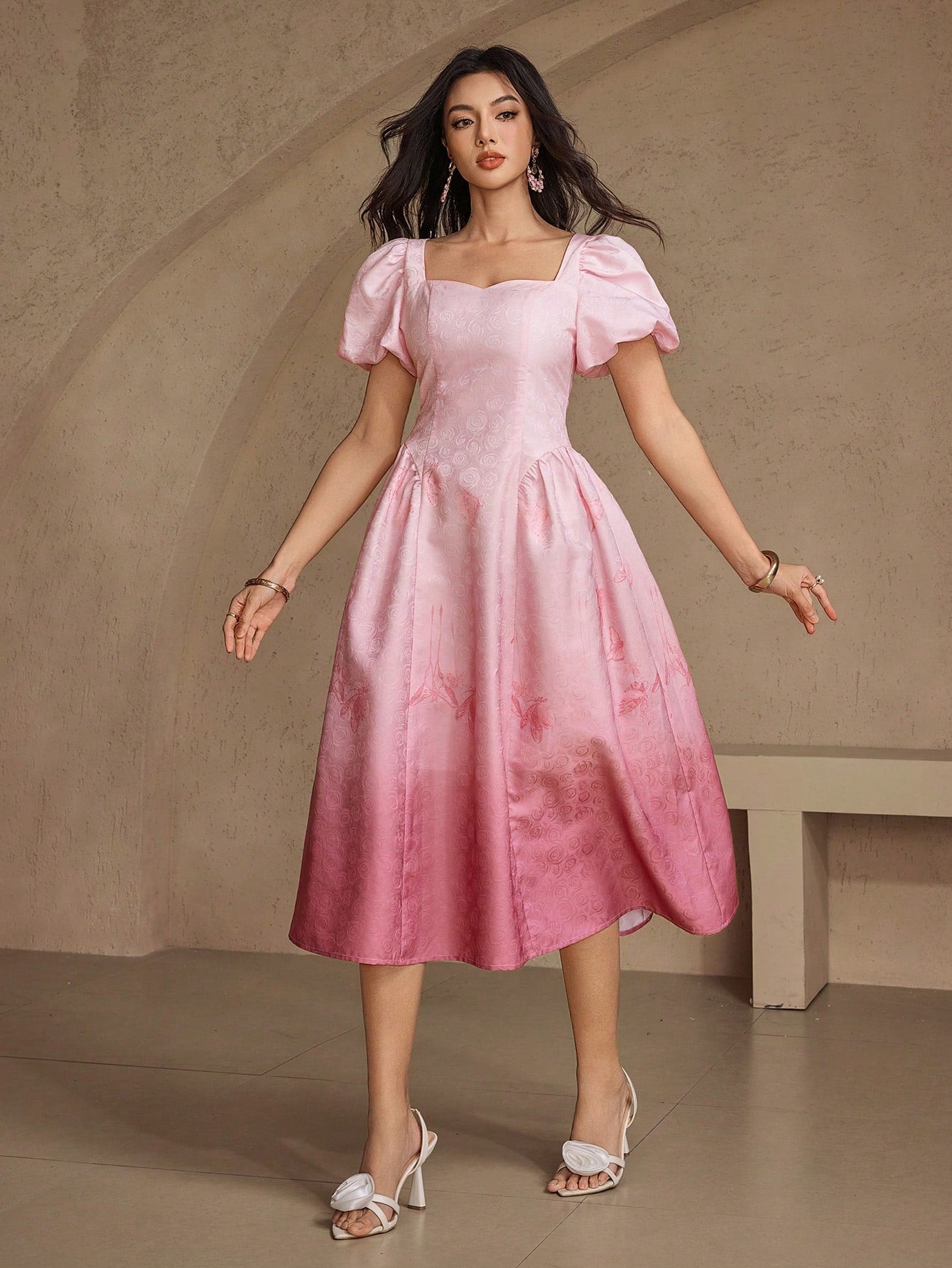 CM-DS947208 Women Elegant Seoul Style Sweetheart Neckline Puff Sleeve Textured Ombre Waist Dress - Pink