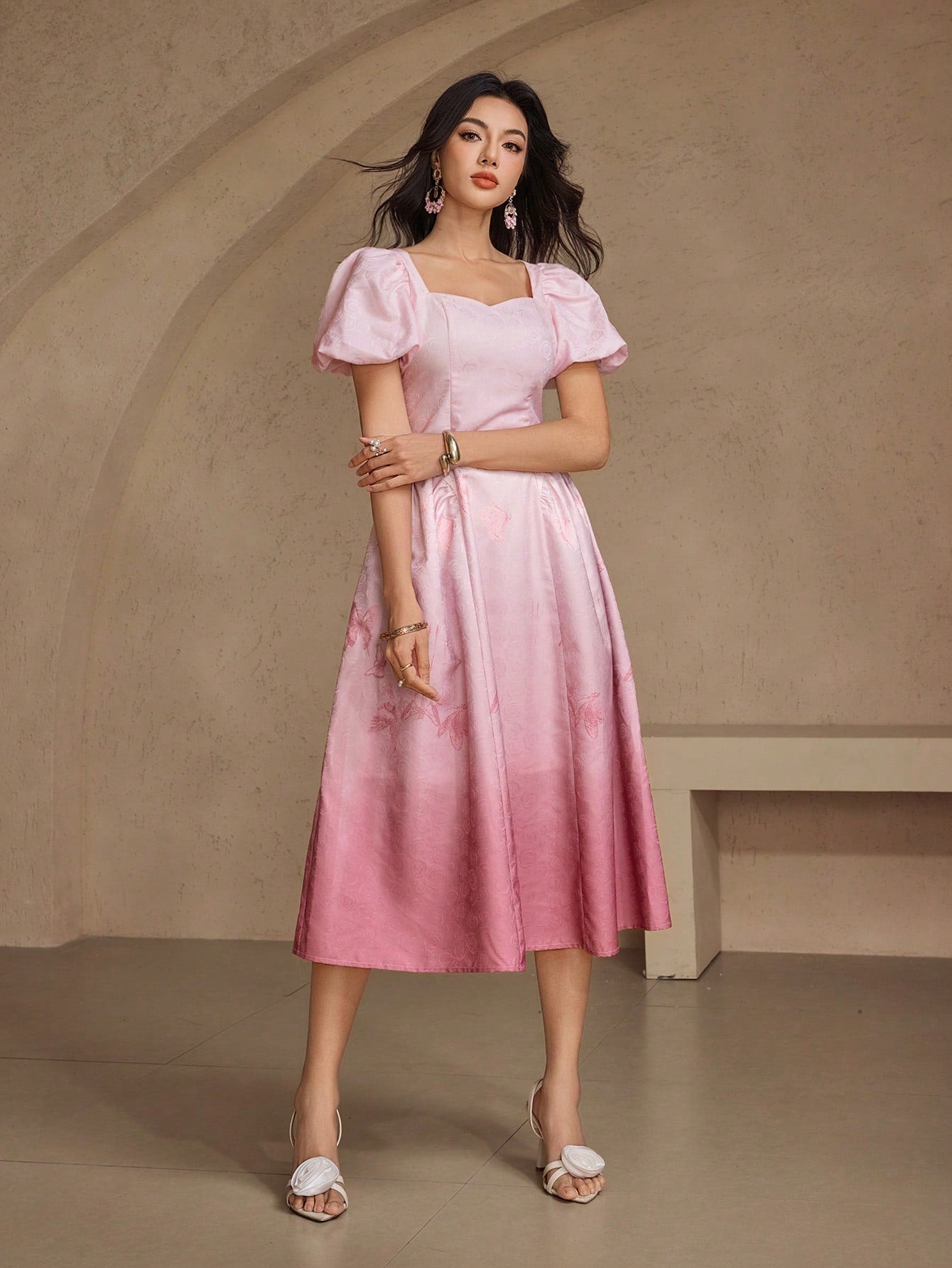 CM-DS947208 Women Elegant Seoul Style Sweetheart Neckline Puff Sleeve Textured Ombre Waist Dress - Pink