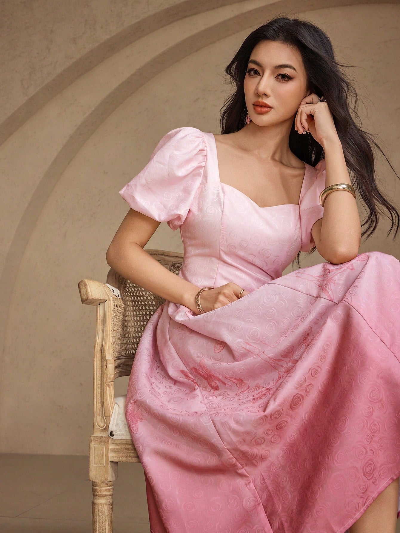 CM-DS947208 Women Elegant Seoul Style Sweetheart Neckline Puff Sleeve Textured Ombre Waist Dress - Pink