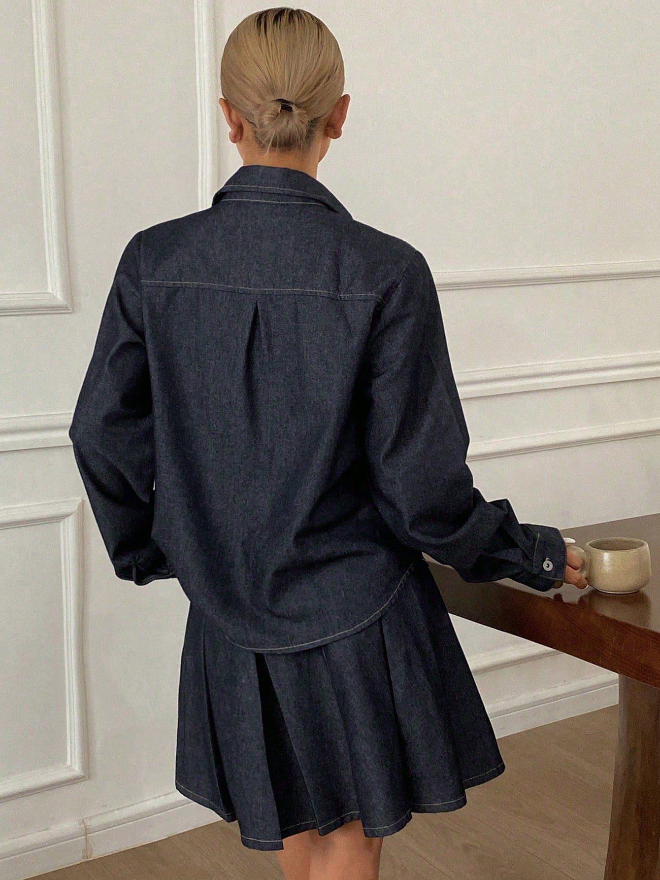 CM-SS407248 Women Casual Seoul Style Contrast Stitching Loose Shirt Top With Pleated Denim Skirt - Set