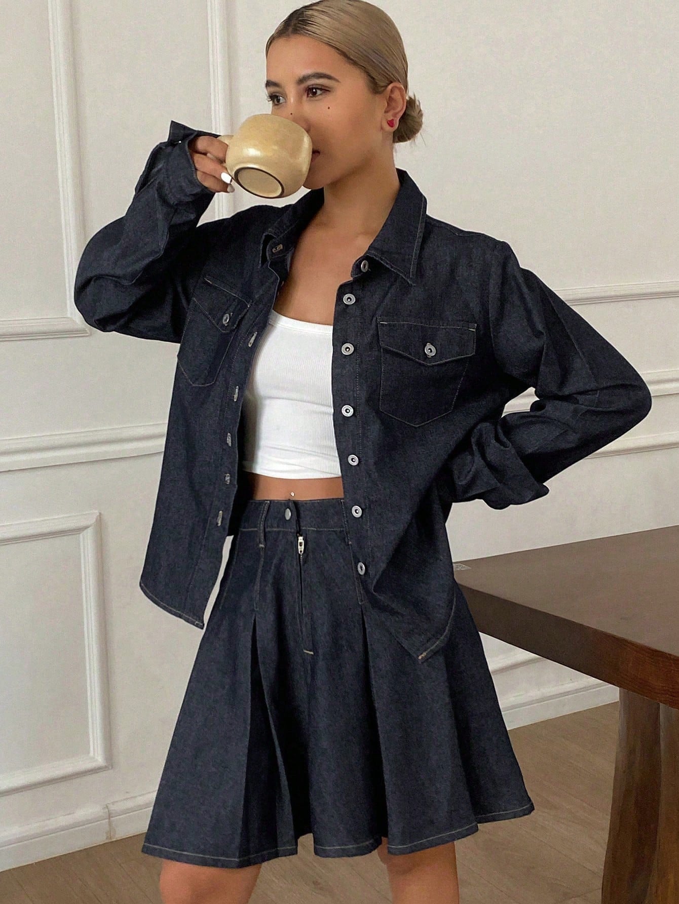 CM-SS407248 Women Casual Seoul Style Contrast Stitching Loose Shirt Top With Pleated Denim Skirt - Set