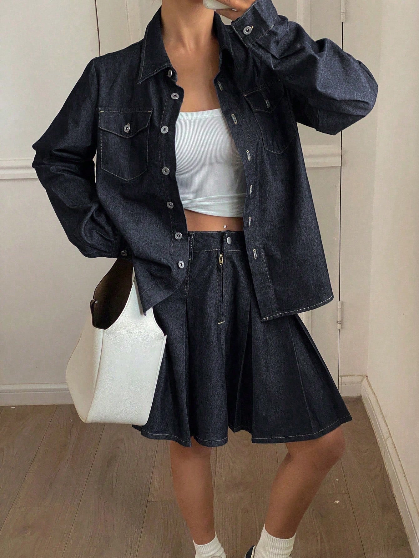 CM-SS407248 Women Casual Seoul Style Contrast Stitching Loose Shirt Top With Pleated Denim Skirt - Set
