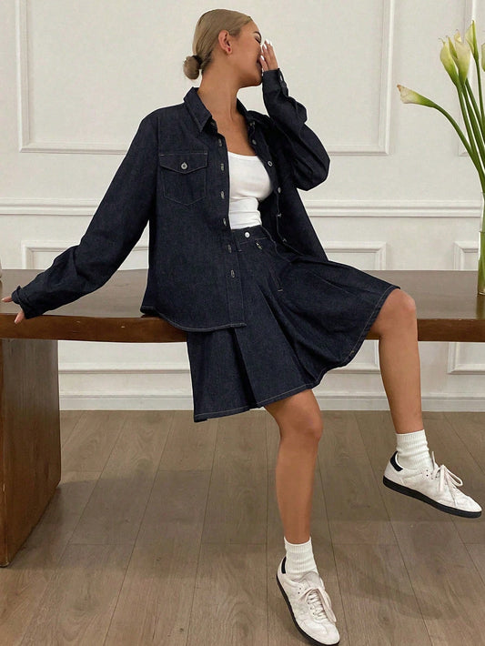CM-SS407248 Women Casual Seoul Style Contrast Stitching Loose Shirt Top With Pleated Denim Skirt - Set