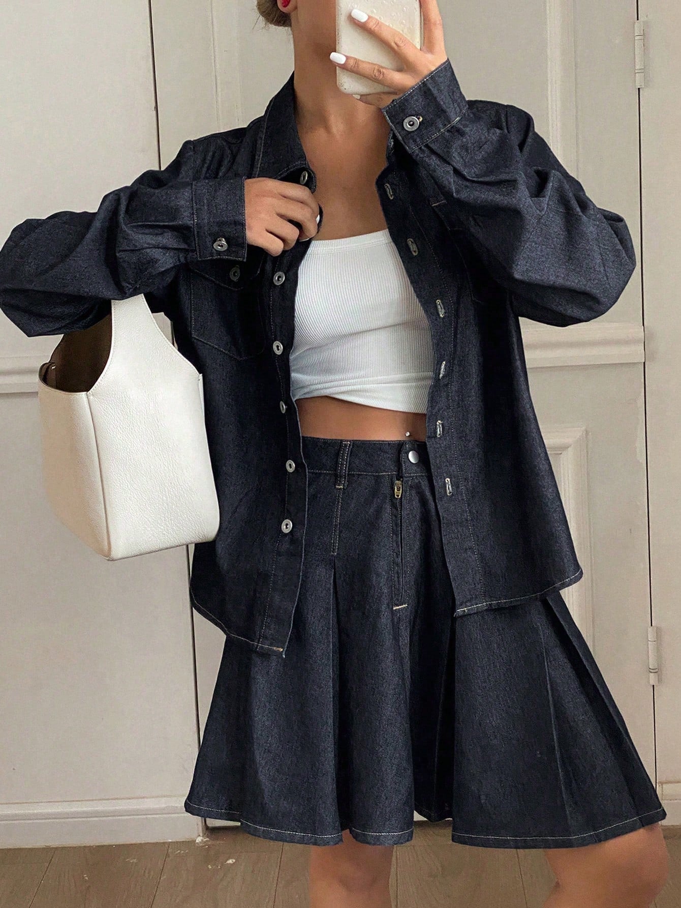 CM-SS407248 Women Casual Seoul Style Contrast Stitching Loose Shirt Top With Pleated Denim Skirt - Set