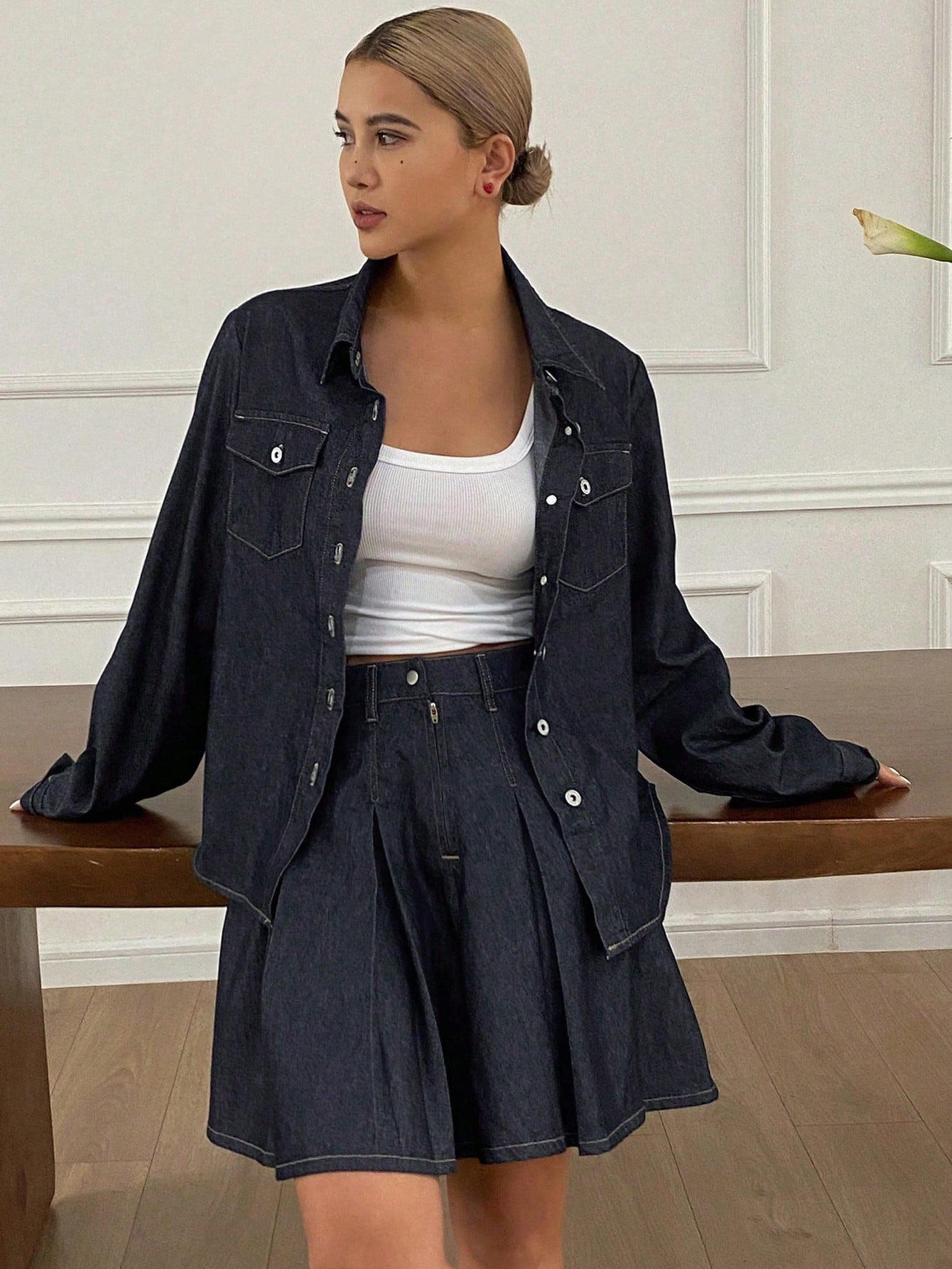 CM-SS407248 Women Casual Seoul Style Contrast Stitching Loose Shirt Top With Pleated Denim Skirt - Set