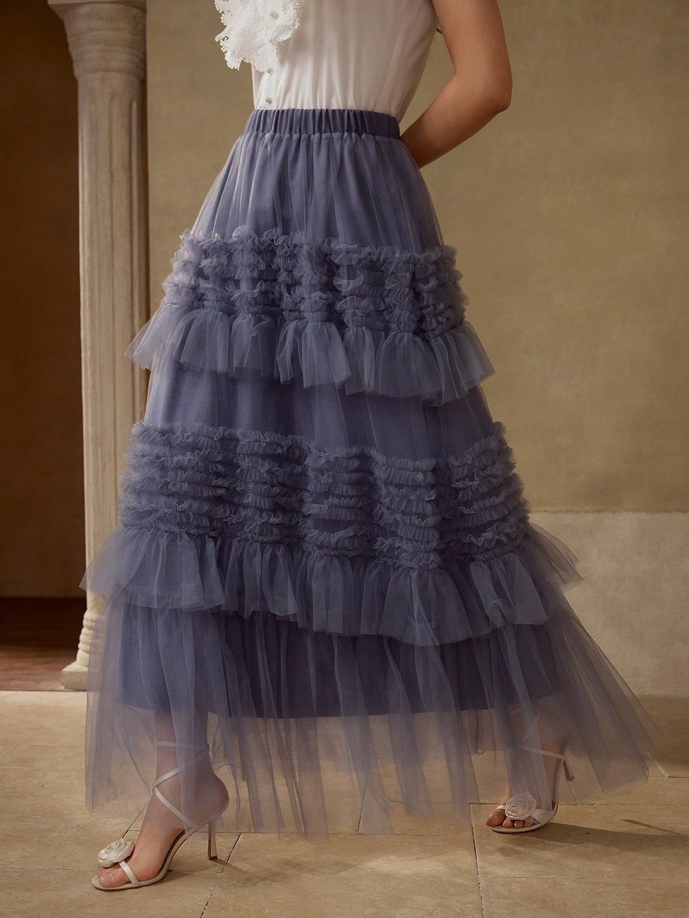 CM-BS485950 Women Elegant Seoul Style High Waist Tiered Layer Mesh Maxi Skirt - Blue