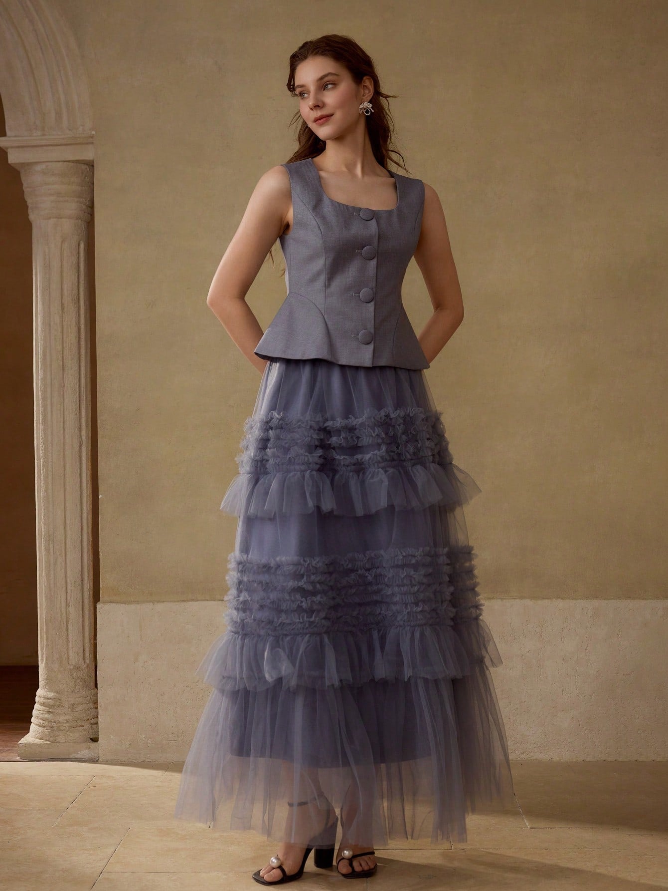 CM-BS485950 Women Elegant Seoul Style High Waist Tiered Layer Mesh Maxi Skirt - Blue