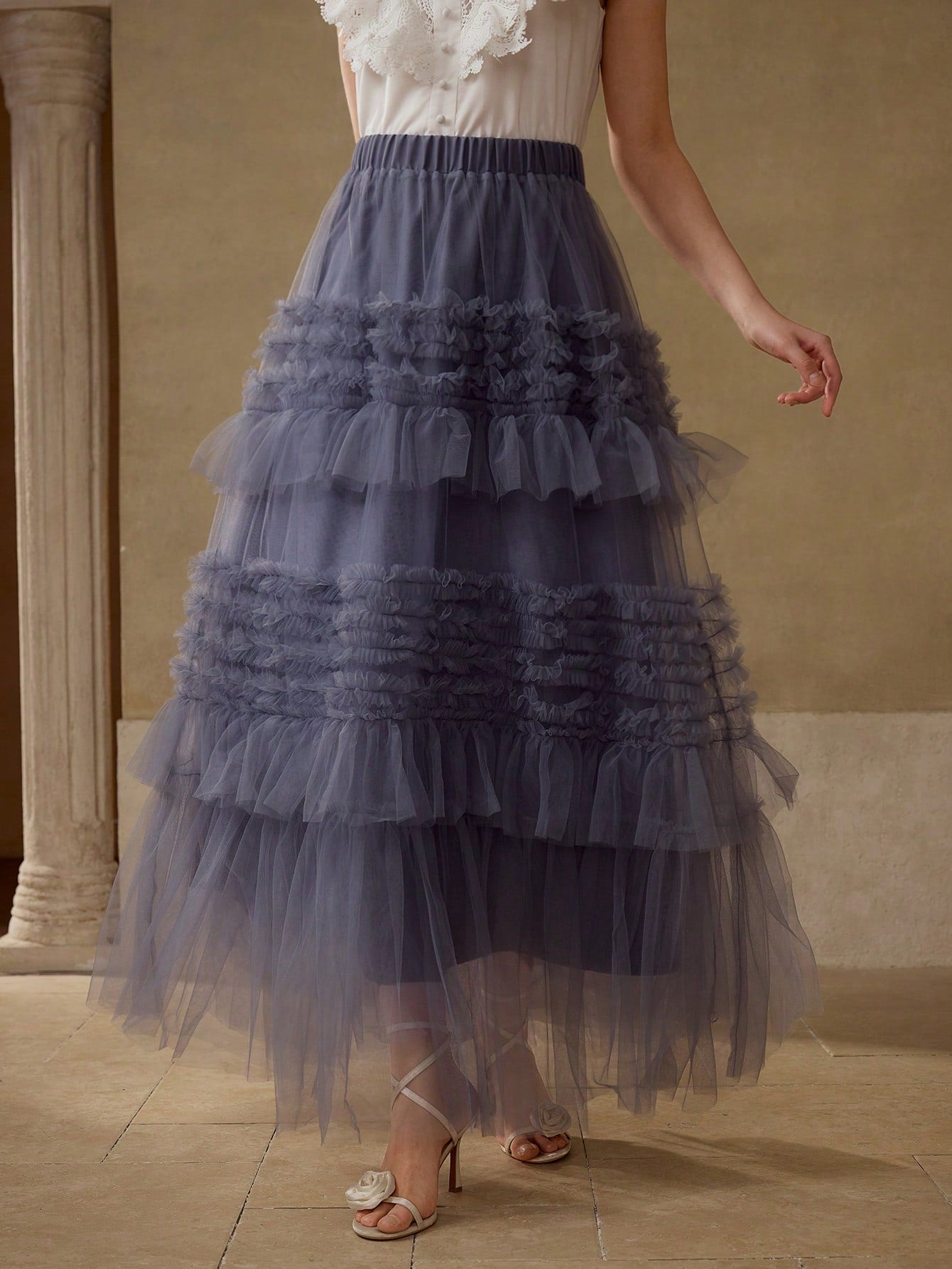 CM-BS485950 Women Elegant Seoul Style High Waist Tiered Layer Mesh Maxi Skirt - Blue