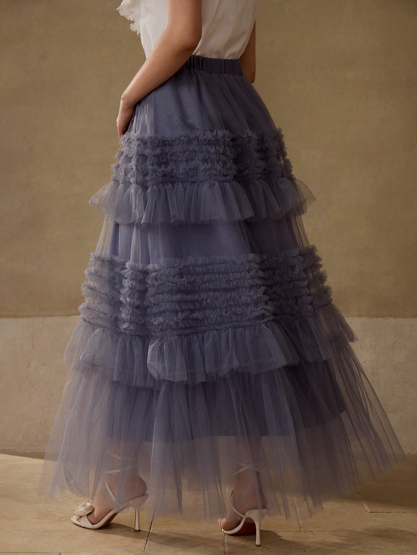 CM-BS485950 Women Elegant Seoul Style High Waist Tiered Layer Mesh Maxi Skirt - Blue