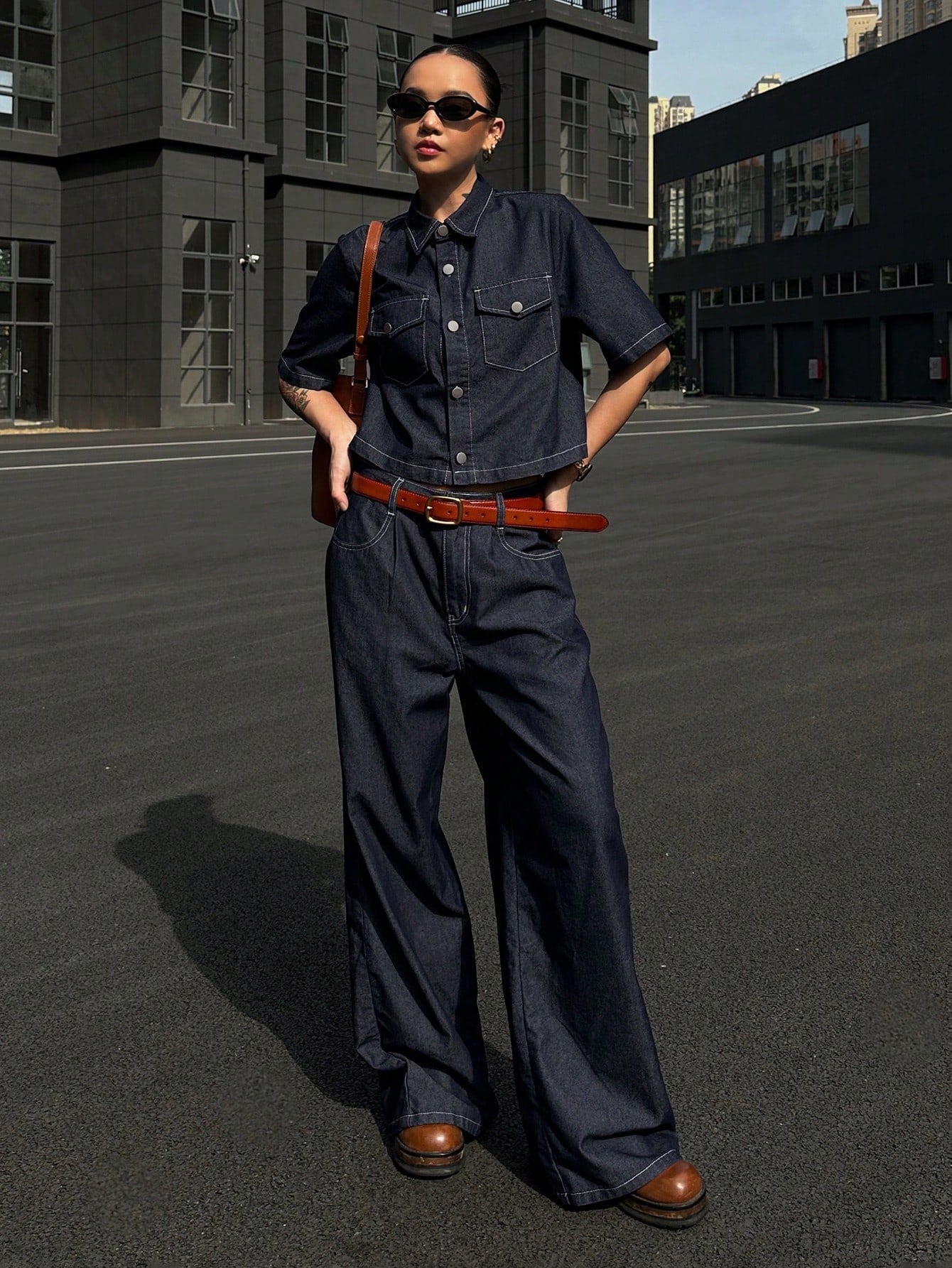 CM-SS380103 Women Casual Seoul Style Collar Neckline Short Sleeve Denim Blouse With Long Pants - Set