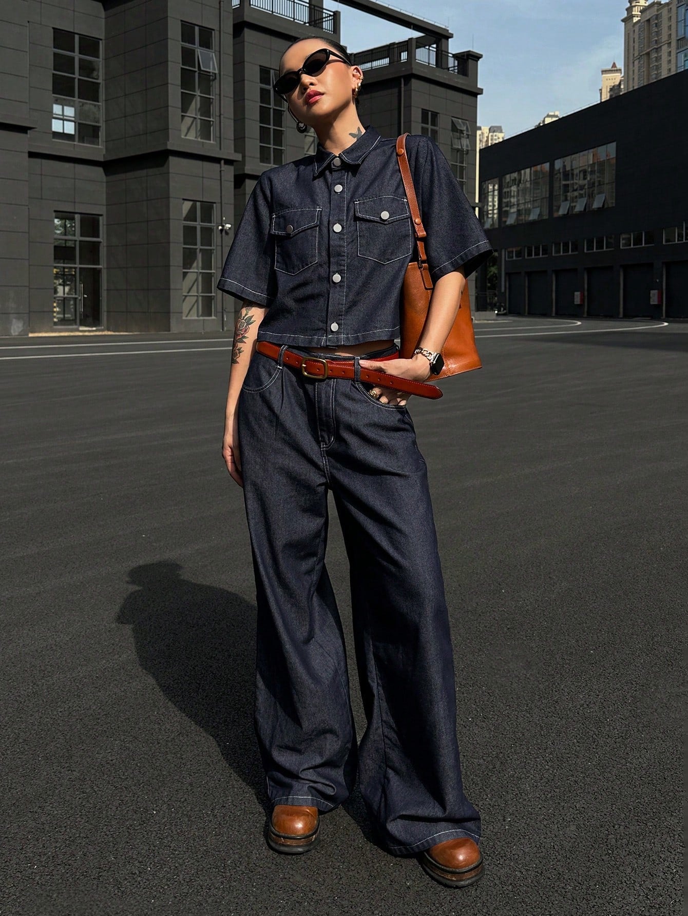 CM-SS380103 Women Casual Seoul Style Collar Neckline Short Sleeve Denim Blouse With Long Pants - Set