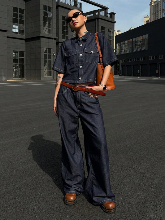 CM-SS380103 Women Casual Seoul Style Collar Neckline Short Sleeve Denim Blouse With Long Pants - Set