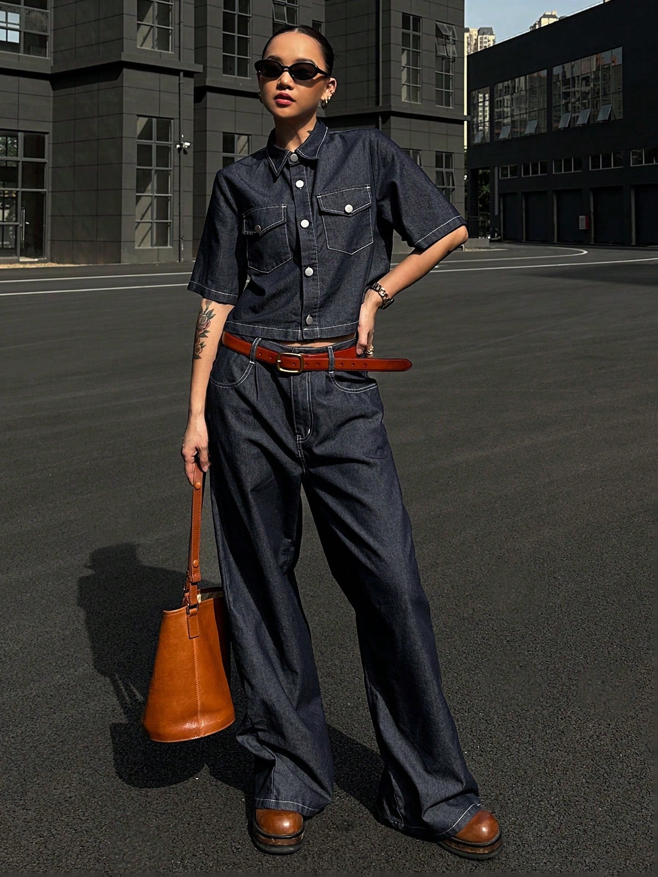 CM-SS380103 Women Casual Seoul Style Collar Neckline Short Sleeve Denim Blouse With Long Pants - Set