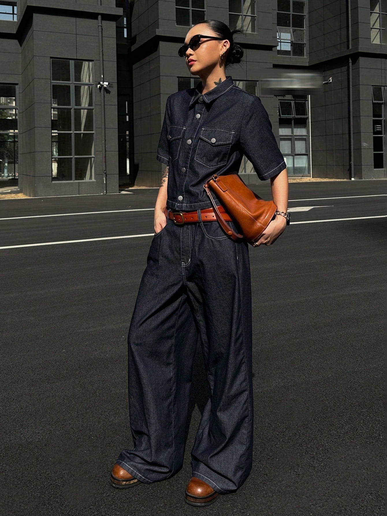 CM-SS380103 Women Casual Seoul Style Collar Neckline Short Sleeve Denim Blouse With Long Pants - Set
