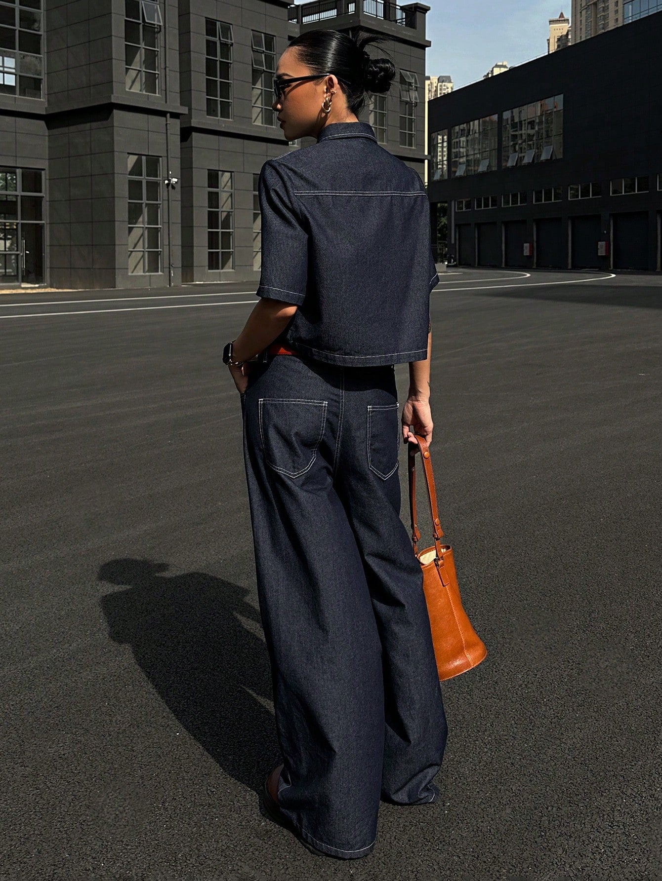 CM-SS380103 Women Casual Seoul Style Collar Neckline Short Sleeve Denim Blouse With Long Pants - Set