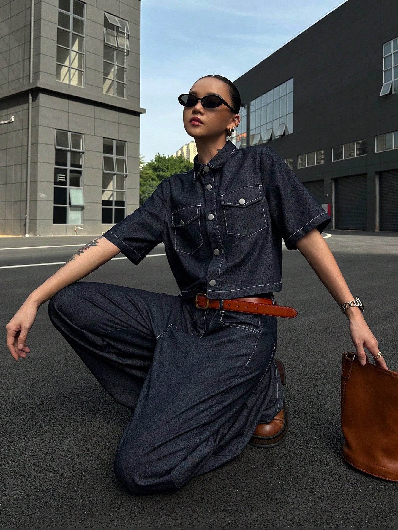 CM-SS380103 Women Casual Seoul Style Collar Neckline Short Sleeve Denim Blouse With Long Pants - Set