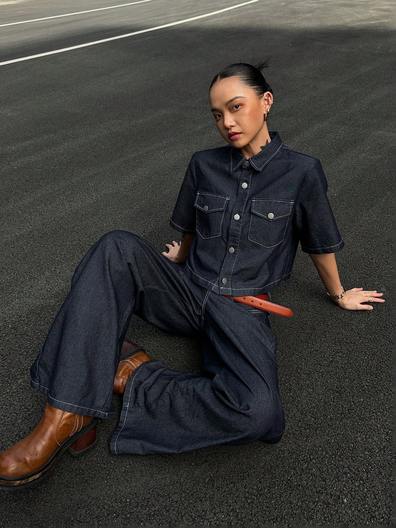 CM-SS380103 Women Casual Seoul Style Collar Neckline Short Sleeve Denim Blouse With Long Pants - Set
