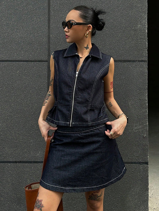 CM-SS741556 Women Casual Seoul Style Contrast Stitch Slim Fit Zip-Up Sleeveless Jacket With A-Line Denim Mini Skirt - Set