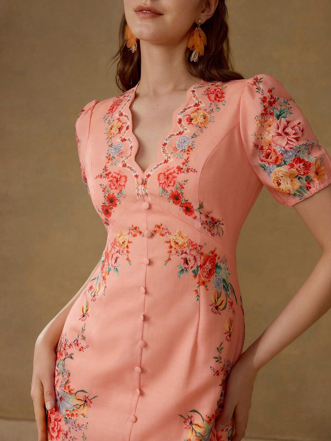 CM-DS812640 Women Elegant Seoul Style V-Neck Floral Print Puff Sleeve Short Dress - Orange