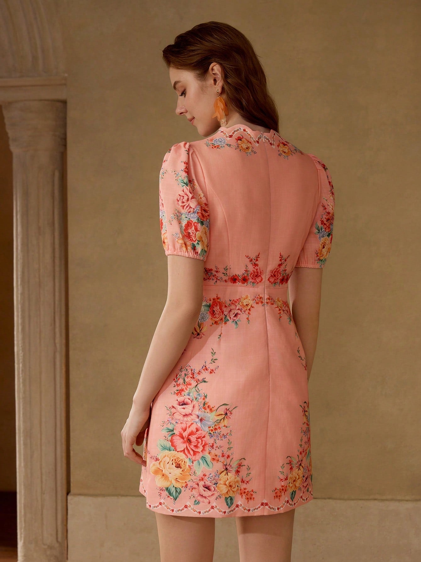 CM-DS812640 Women Elegant Seoul Style V-Neck Floral Print Puff Sleeve Short Dress - Orange