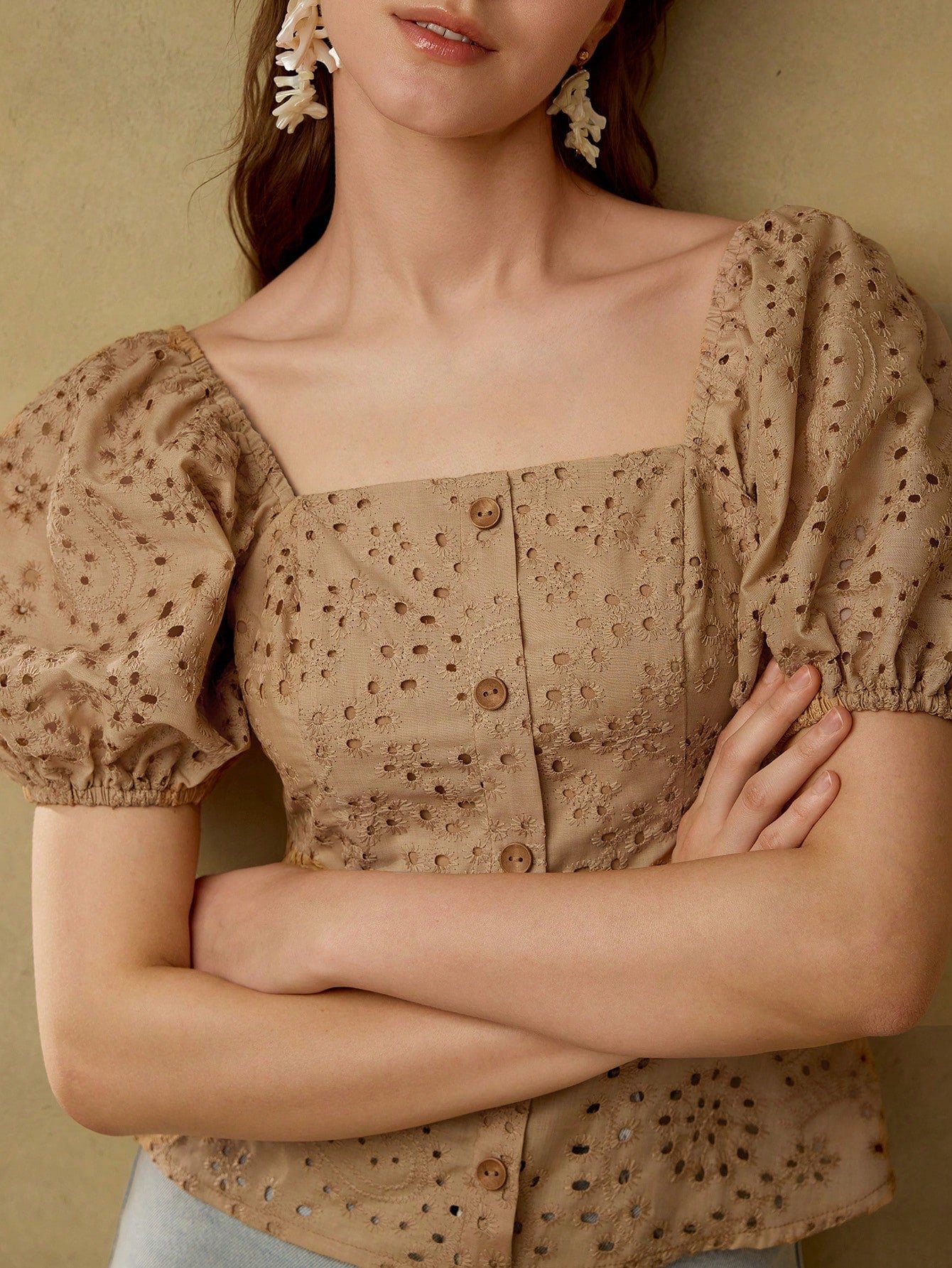 CM-TS139771 Women Elegant Seoul Style Square Neck Eyelet Half Sleeve Embroidery Peplum Blouse - Brown