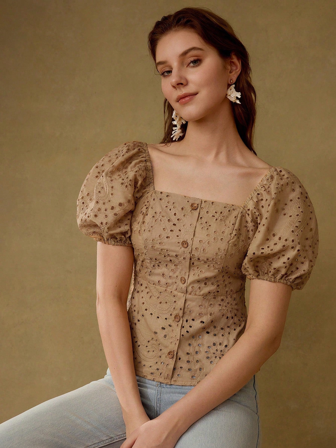 CM-TS139771 Women Elegant Seoul Style Square Neck Eyelet Half Sleeve Embroidery Peplum Blouse - Brown