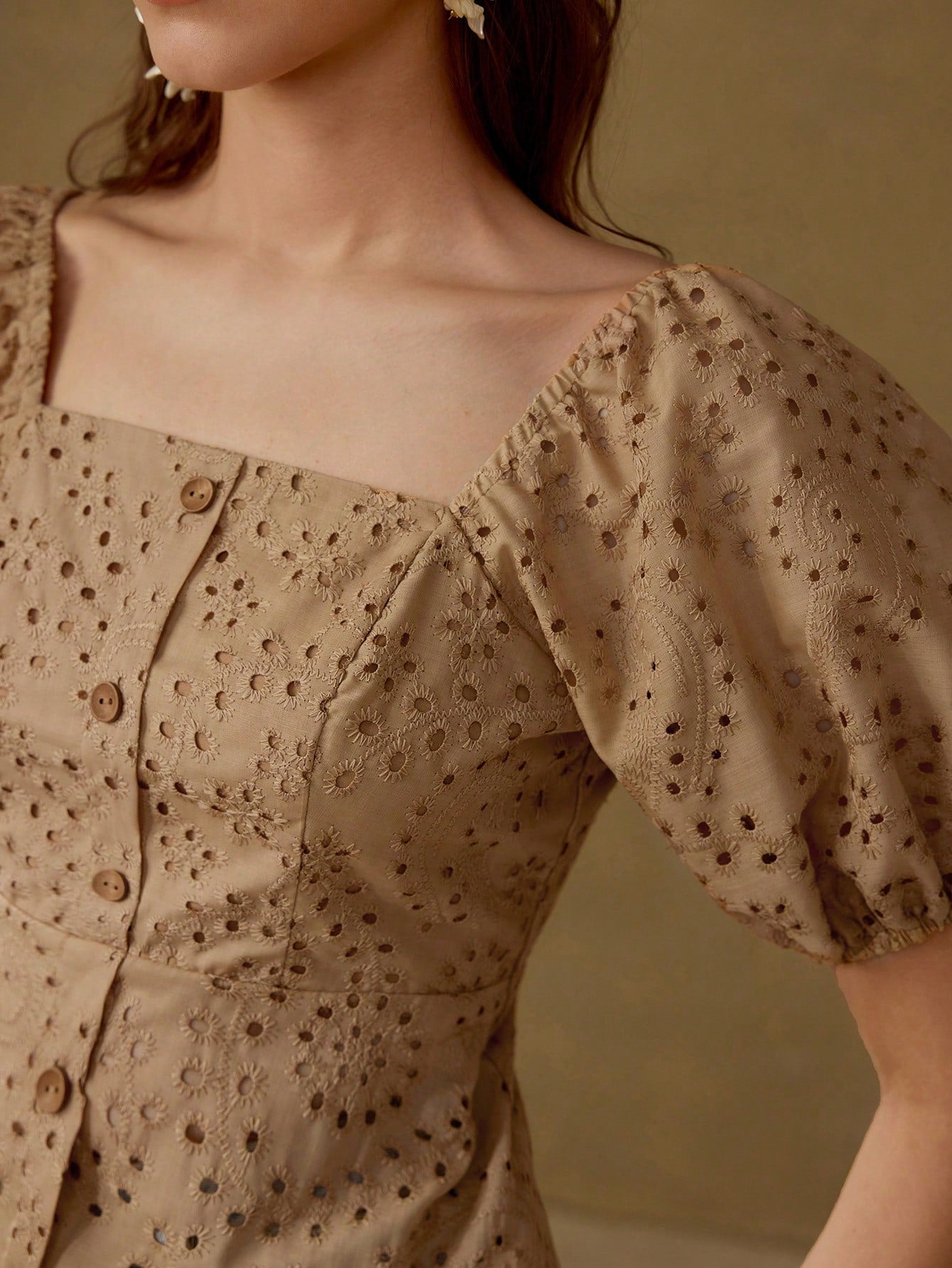 CM-TS139771 Women Elegant Seoul Style Square Neck Eyelet Half Sleeve Embroidery Peplum Blouse - Brown
